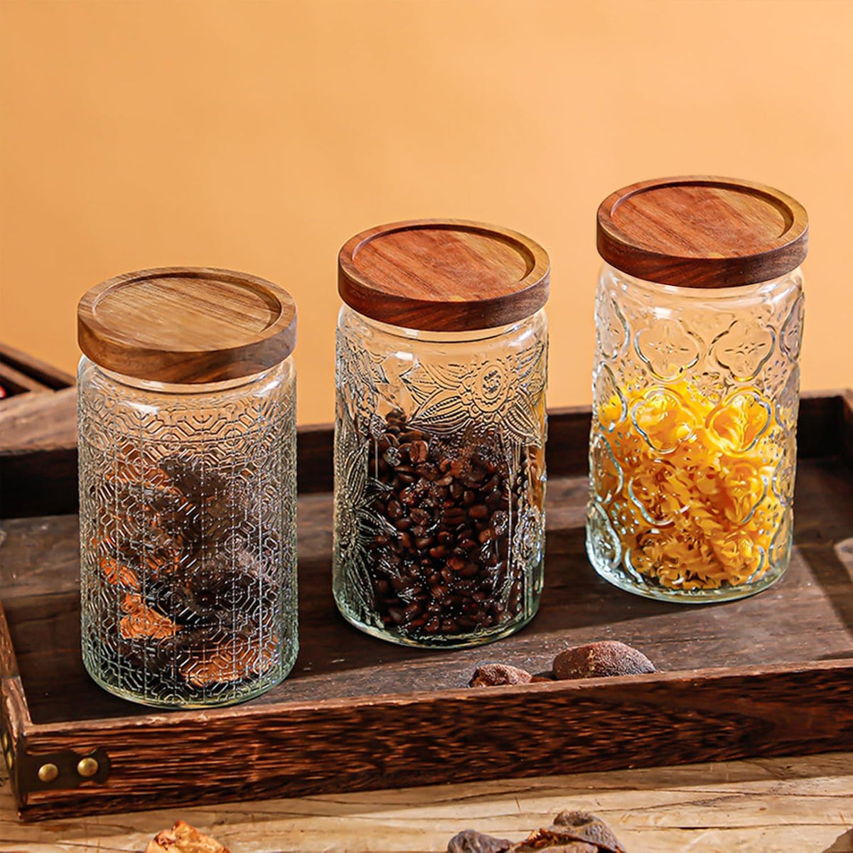 24 OZ/6 PCS Glass Storage Jar with Airtight Bamboo Wooden Lids, Vintage Food Containers Canisters