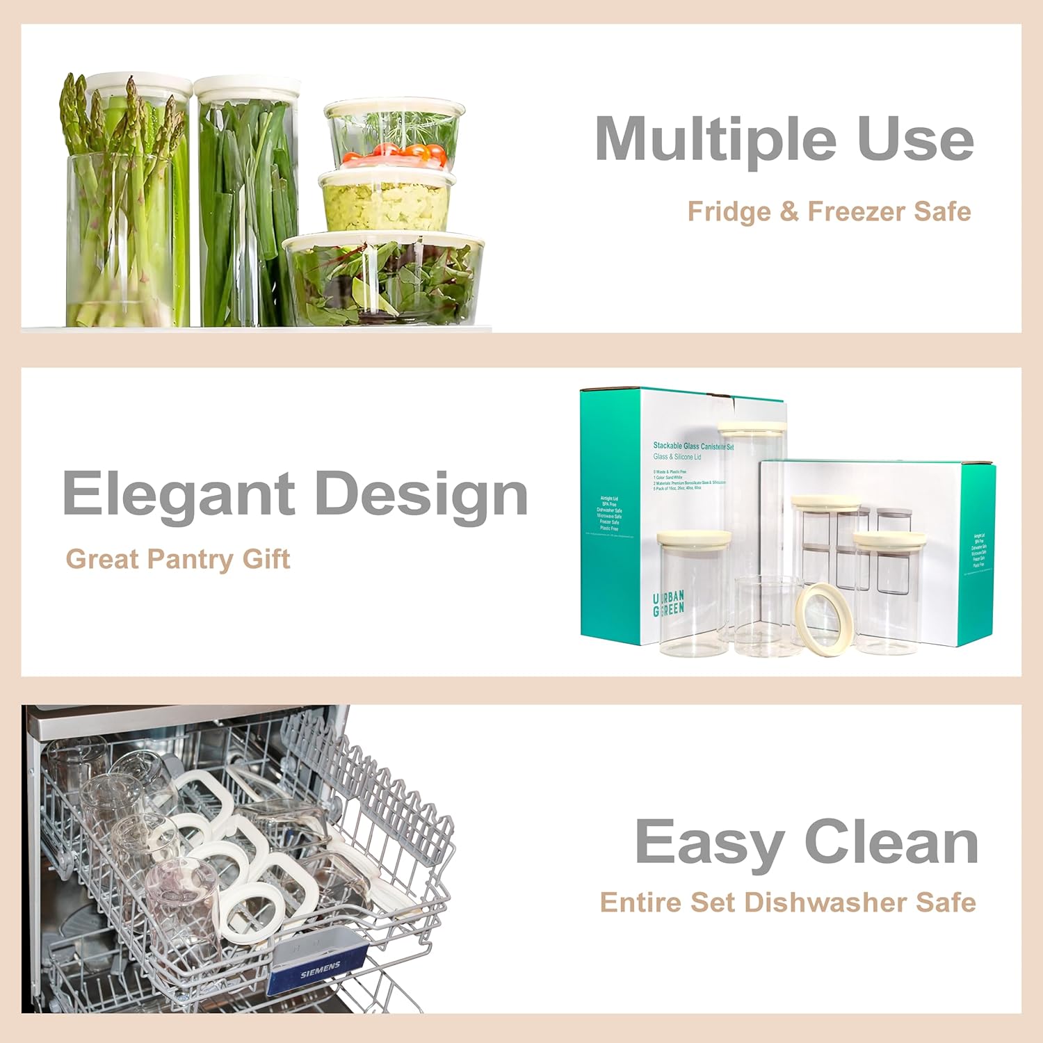Urban Green Glass Food Storage Jar with Glass Lid, Food Canister Set with Airtight Lids, Pantry