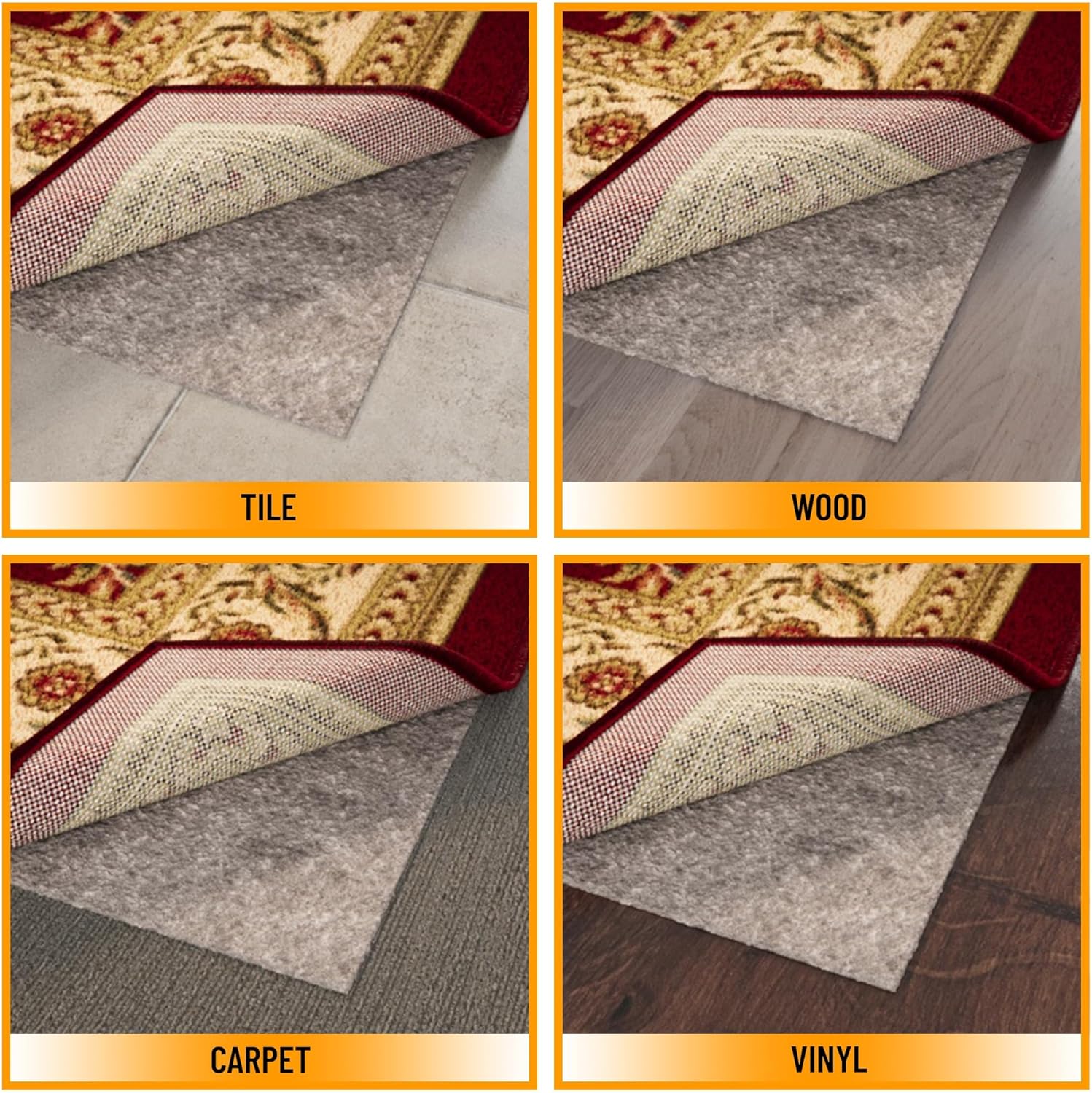 Ottomanson 3' x 3' Non-Slip Rug Pad Gripper 1/4 Inch Thick Dual Surface Felt + Rubber Gripper