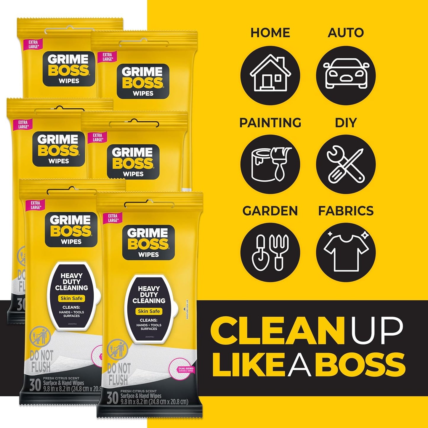 Grime Boss Heavy Duty Wipes (6 x 30ct) | Wet Wipes Used for Hands, Equipment, Tools, Garden