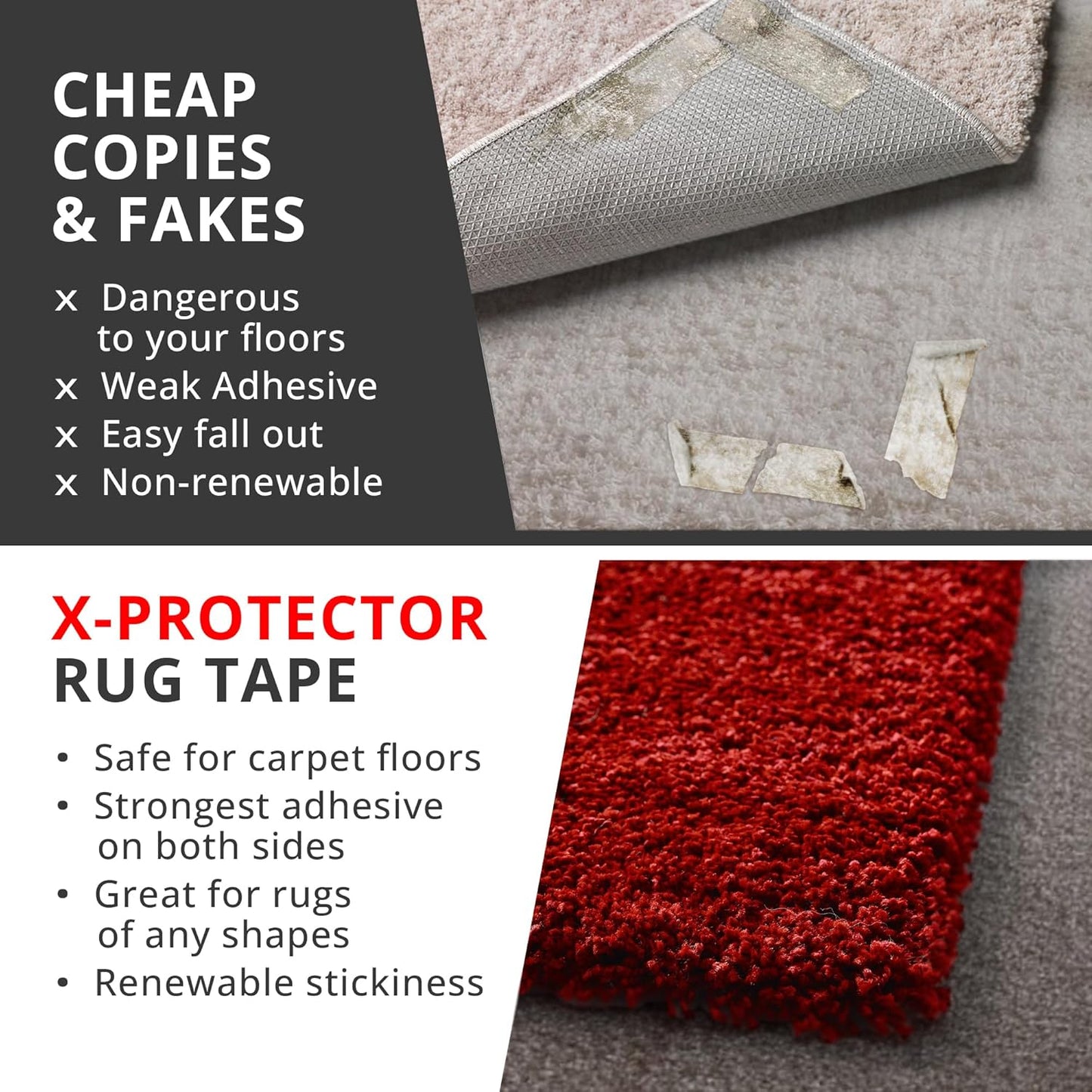 X-Protector Rug Tape for Carpet - 8 Pcs Set - White Anti-Slip & Anti-Curling Carpet Tape for Rugs