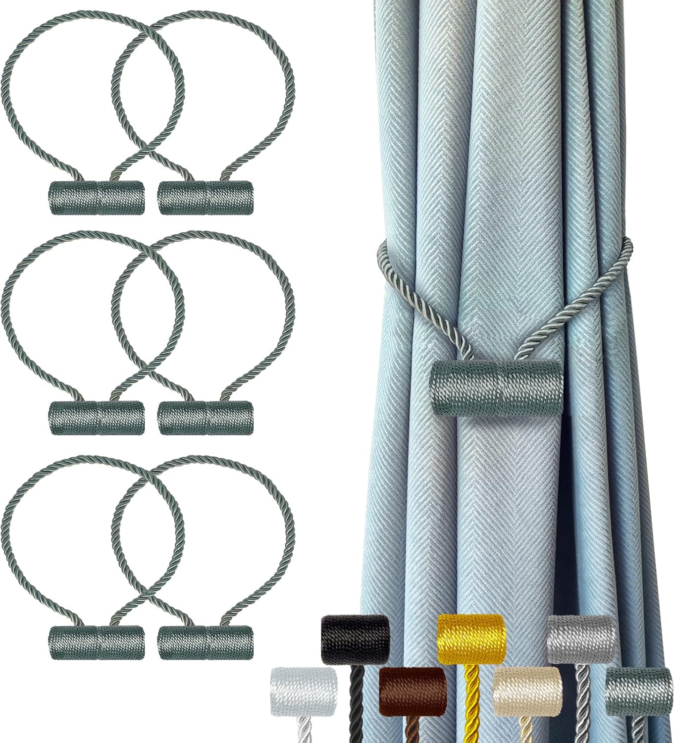 Hion Magnetic Curtain Tiebacks Gray Blue 6 Pack, Curtain Tiebacks Buckles Holdbacks Holders Hooks