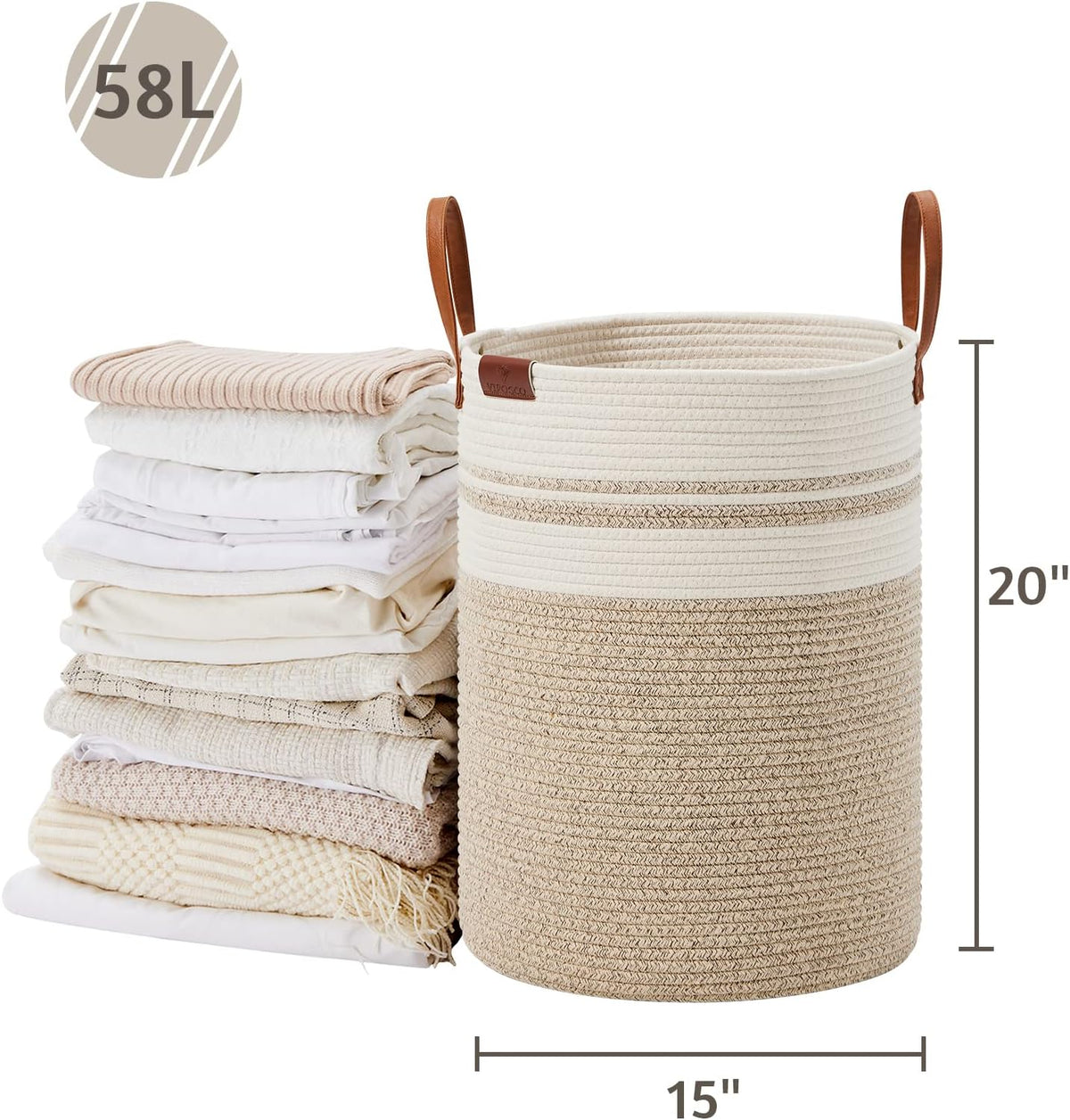 VIPOSCO Tall Laundry Basket, Large Dirty Clothes Hamper with Leather Handle, Woven Rope Storage