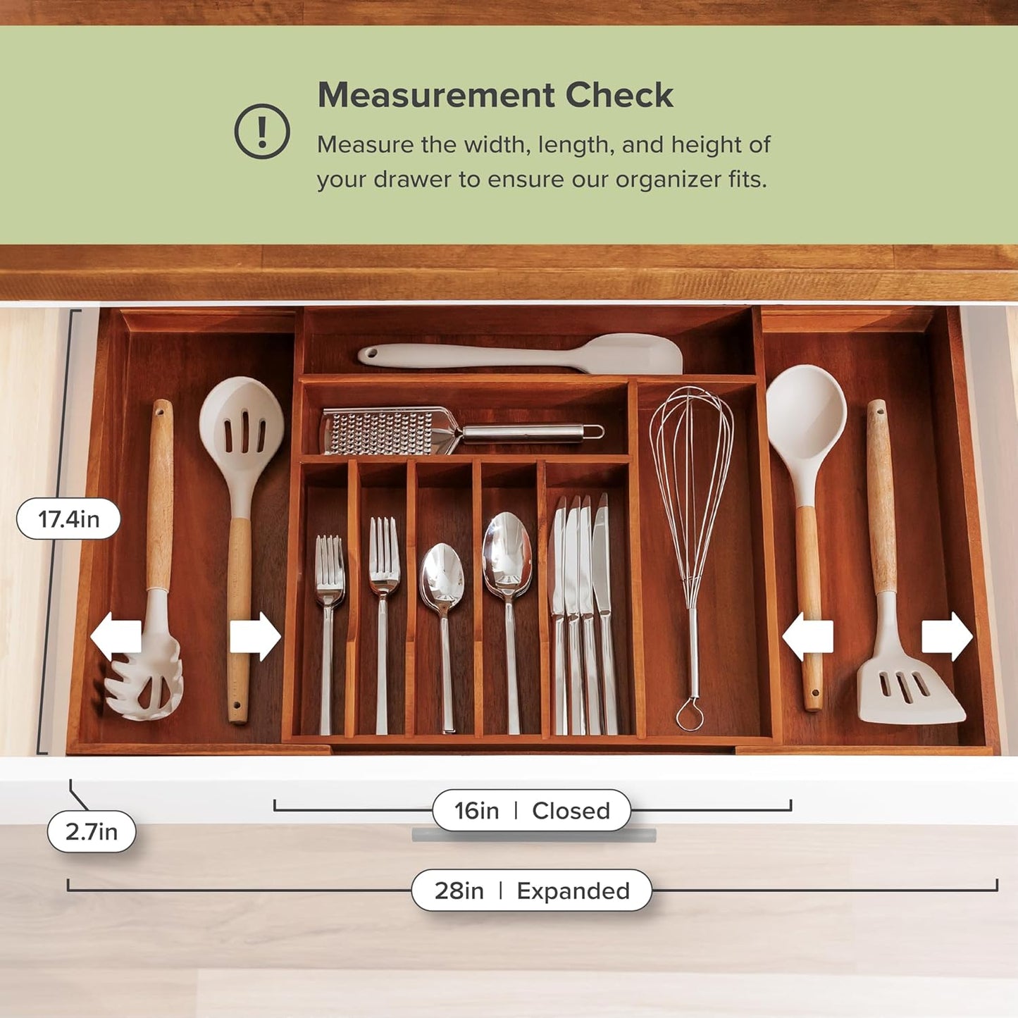 KitchenEdge Premium Silverware, Flatware and Utensil Organizer for Kitchen Drawers, Food-Safe