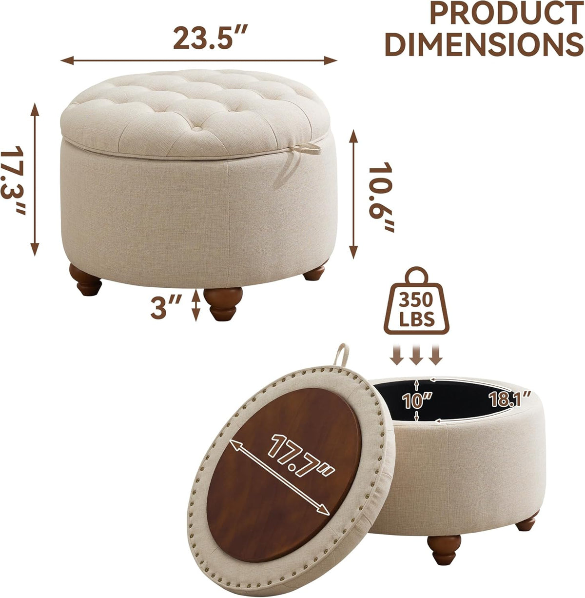 24Inch Round Storage Ottoman with Tray, Modern Tufted Fabric Circle Coffee Table with Storage