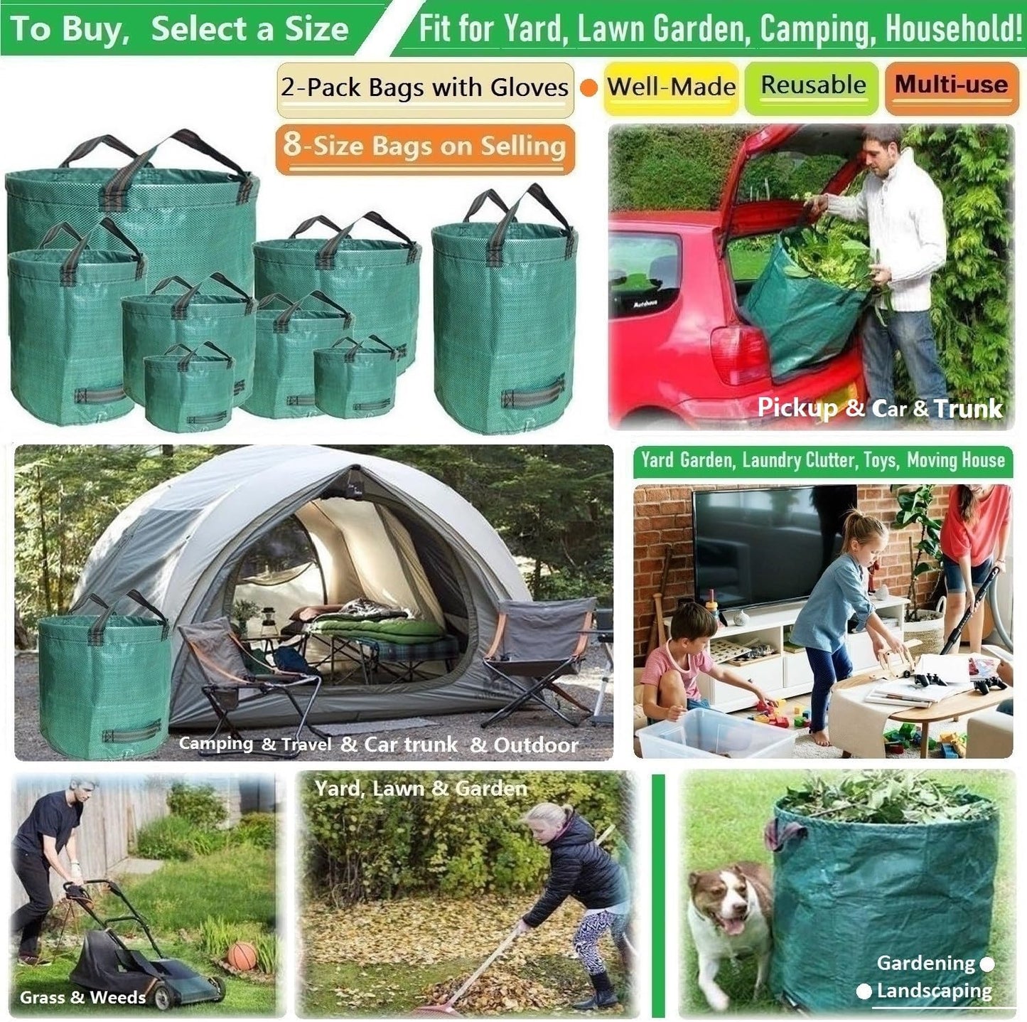 Standard 2-Pack 16 Gallon Yard Lawn Garden Bags (D18, H15 inch) with Gardening Gloves, Yard Waste