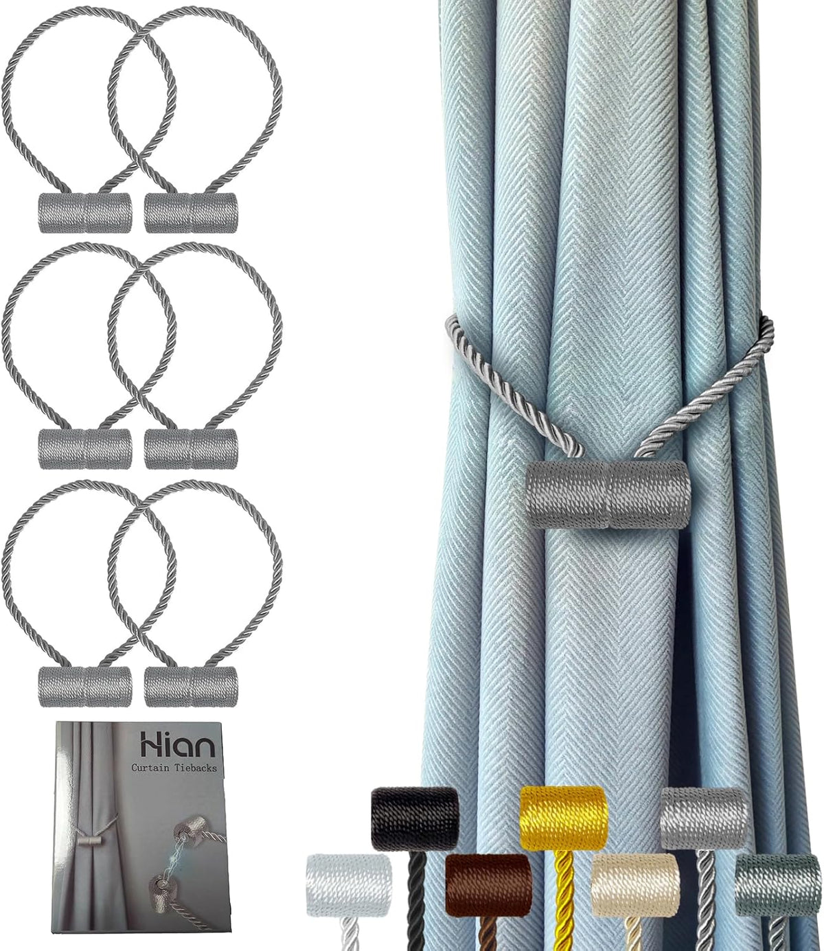 Hion Magnetic Curtain Tiebacks Grey 6 Pack, Curtain Tiebacks Buckles Holdbacks Holders Hooks Clip