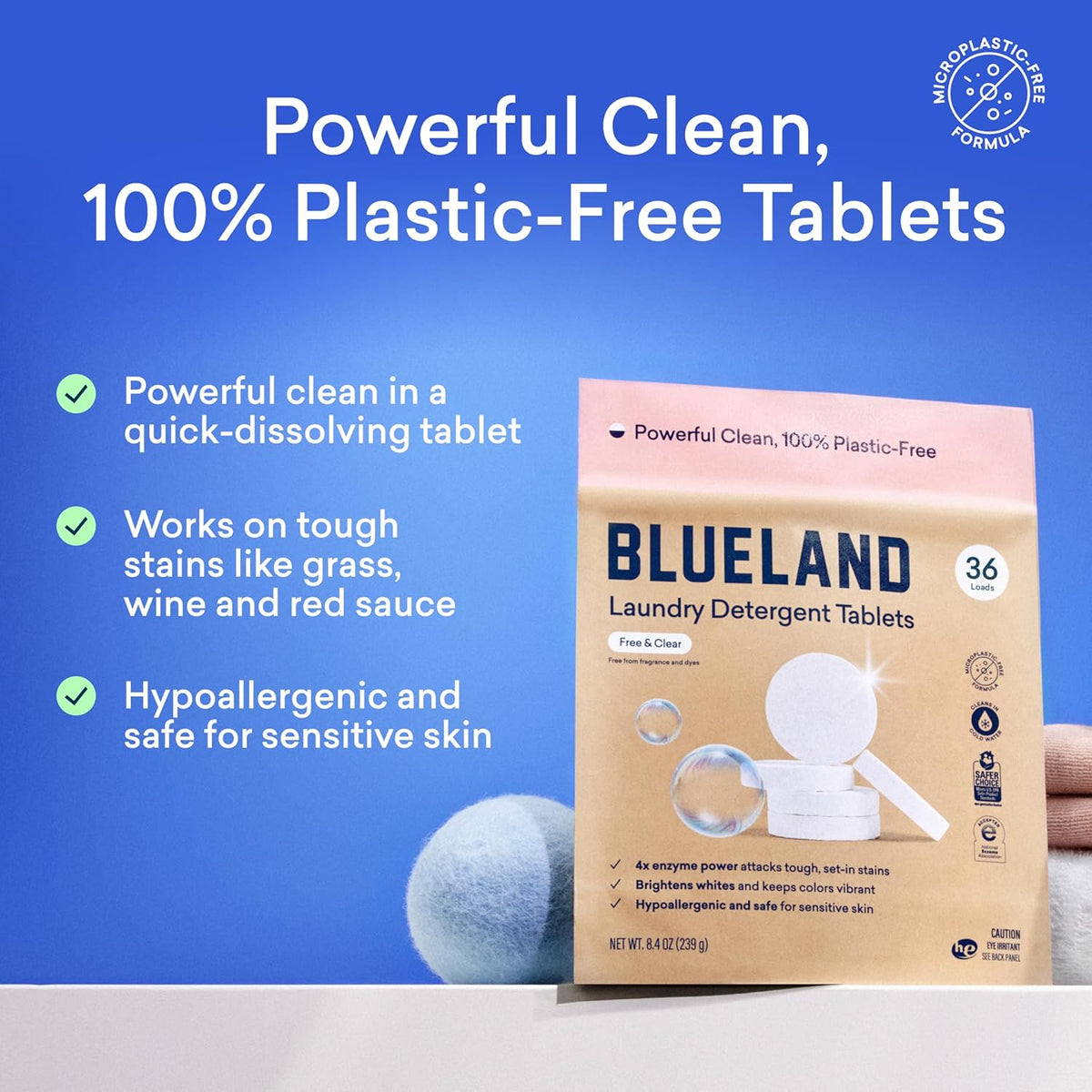 BLUELAND Laundry Essentials Kit, Fragrance Free & Clear - Plastic-Free Laundry Detergent Tablets