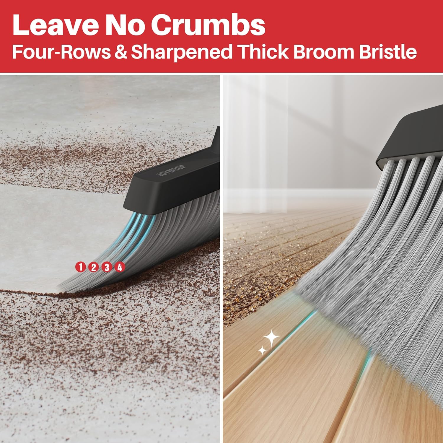 JOYMOOP Black and Red Broom and Dustpan Set, Upright Angle Design with Built-in Comb Teeth for