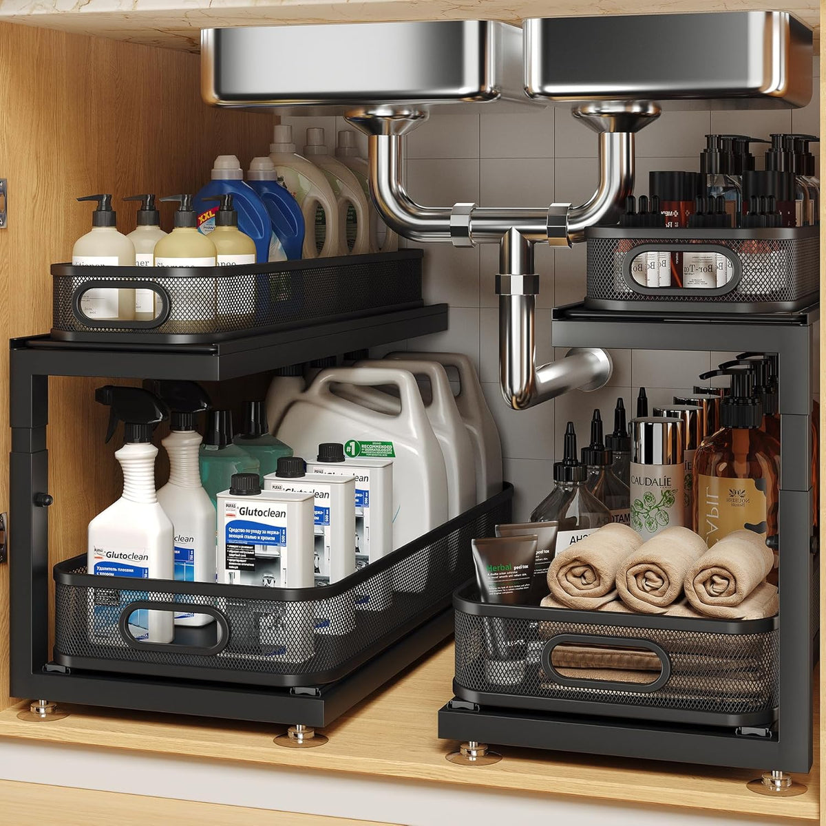 2-Pack 21.3 IN Depth Under Sink Organizer With Next-Gen Ball-Bearing Slides,Sophisticated Mesh