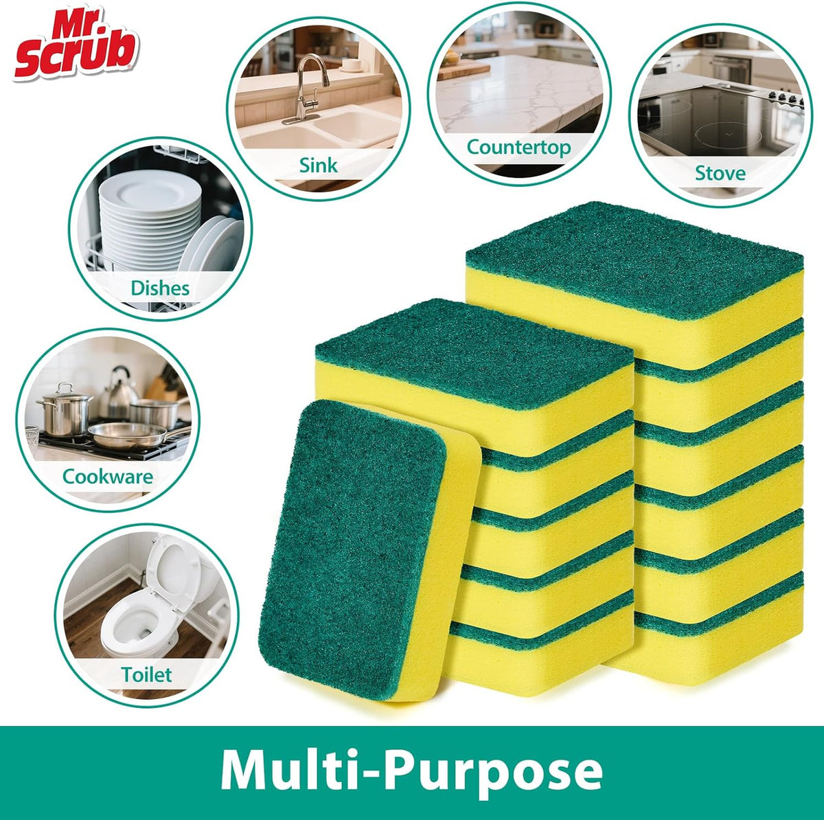 Sponges Kitchen Scrub Dish Sponge Scouring Pad, 12 Pack Cleaning Brush Scrubber Supplies for Soap