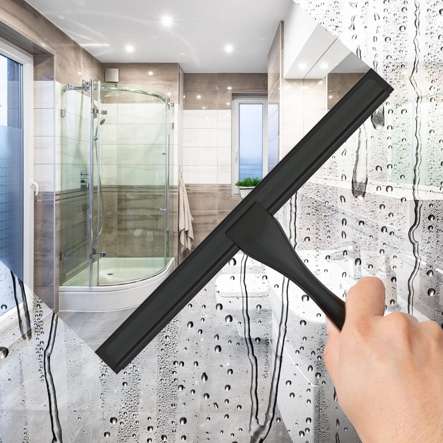 All-Purpose Stainless Steel Shower Squeegee for Shower Doors with 2 Adhesive Hooks, Bathroom