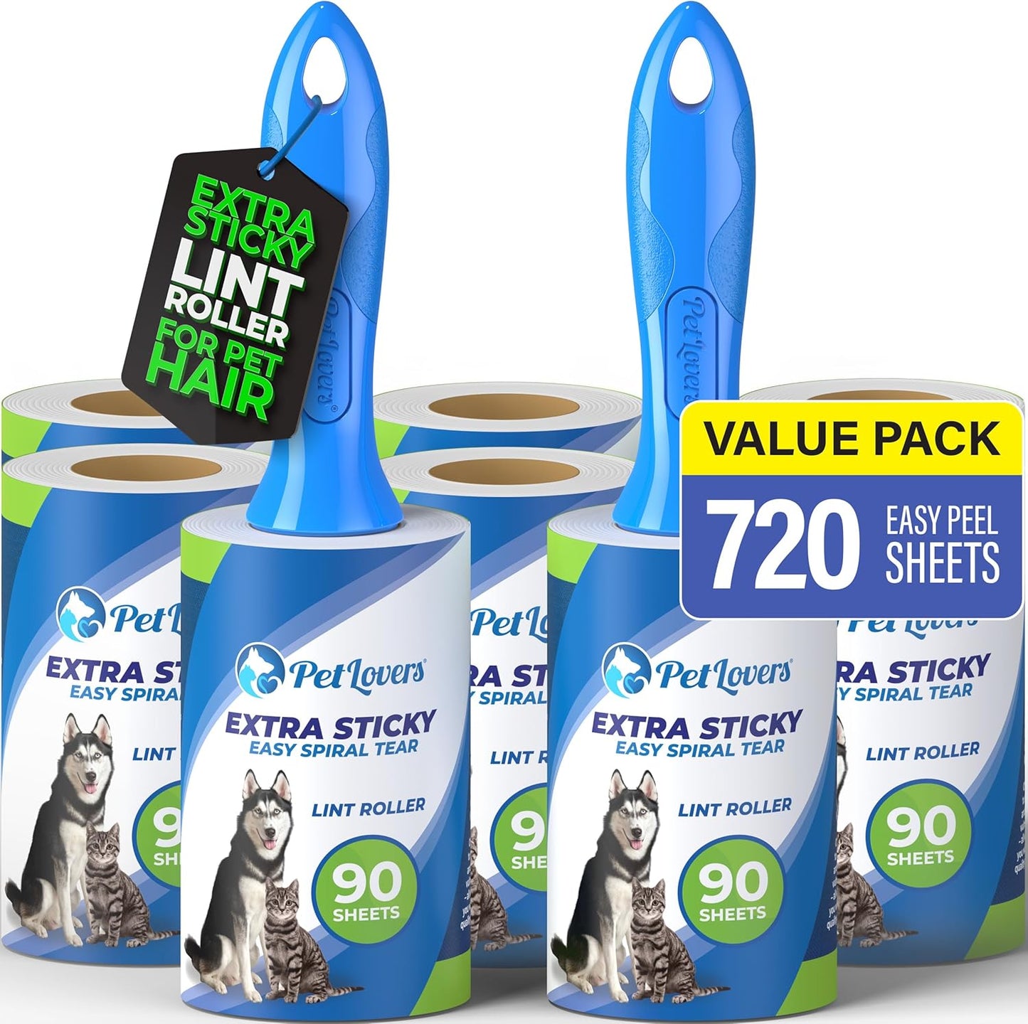 PetLovers Extra Sticky Lint Roller Mega Value Set 720 Sheets for Pet Hair Removal and Clothes, Dog