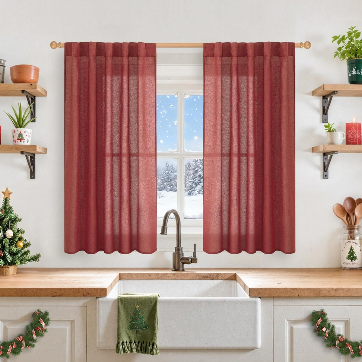 YoungsTex Red Linen Curtains 45 Inch Length for Kitchen, Short Window Drapes with Rod Pocket Back