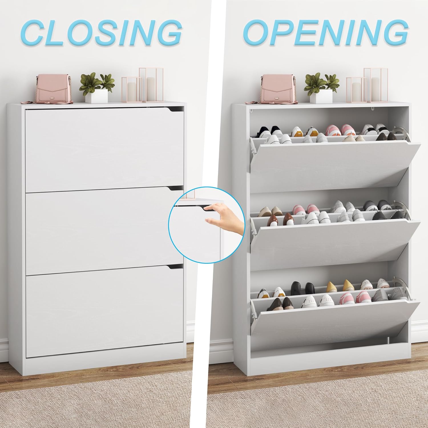 Shoe Cabinet with 3 Flip Drawers, Hidden Wood Shoe Cabinet,Freestanding Shoe Storage Cabinet for