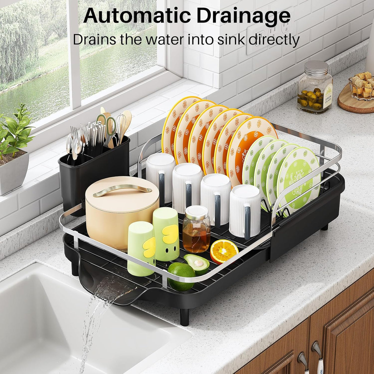 SAYZH Dish Drying Rack - Expandable Dish Rack for Kitchen Counter, Rust-Resistant Dish Drainer with