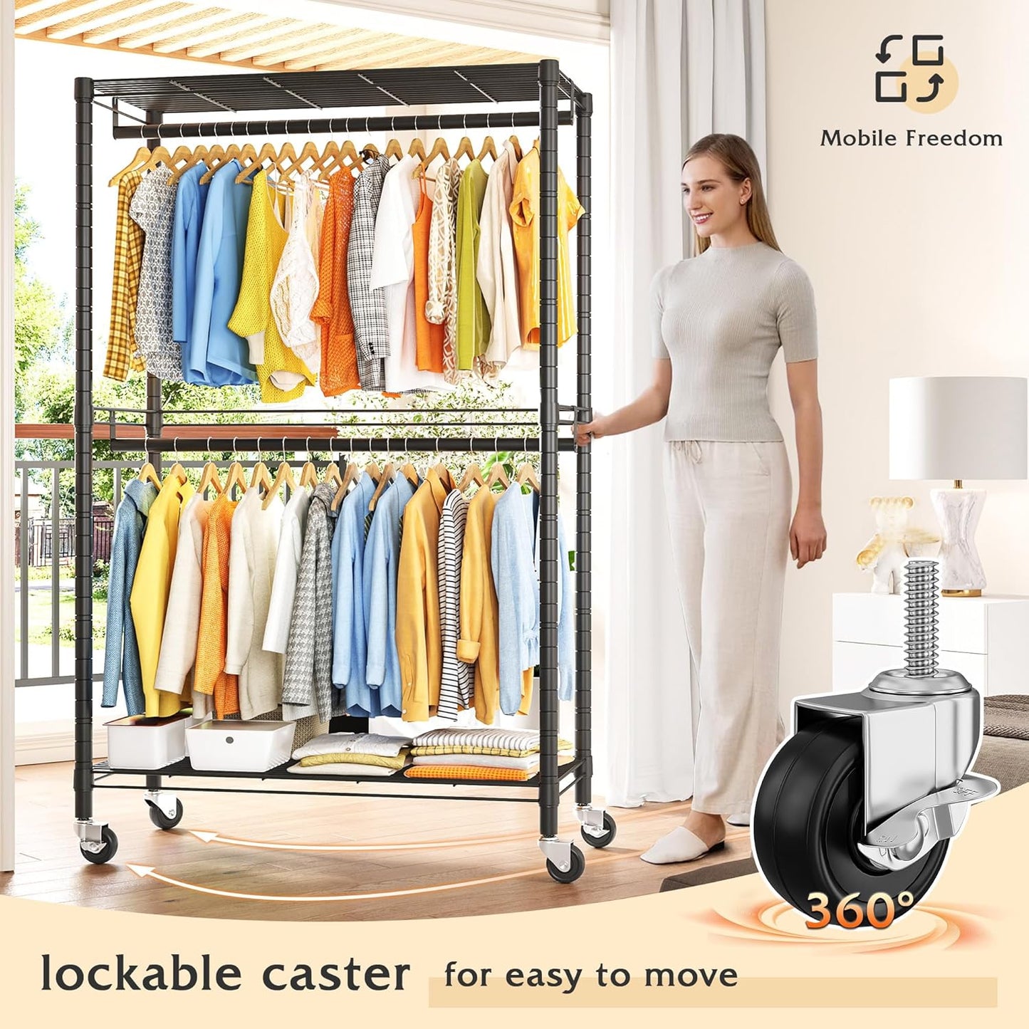 Raybee Heavy Duty Clothing Rack with Wheels,Rolling Clothes Rack for Hanging Clothes,Portable,2