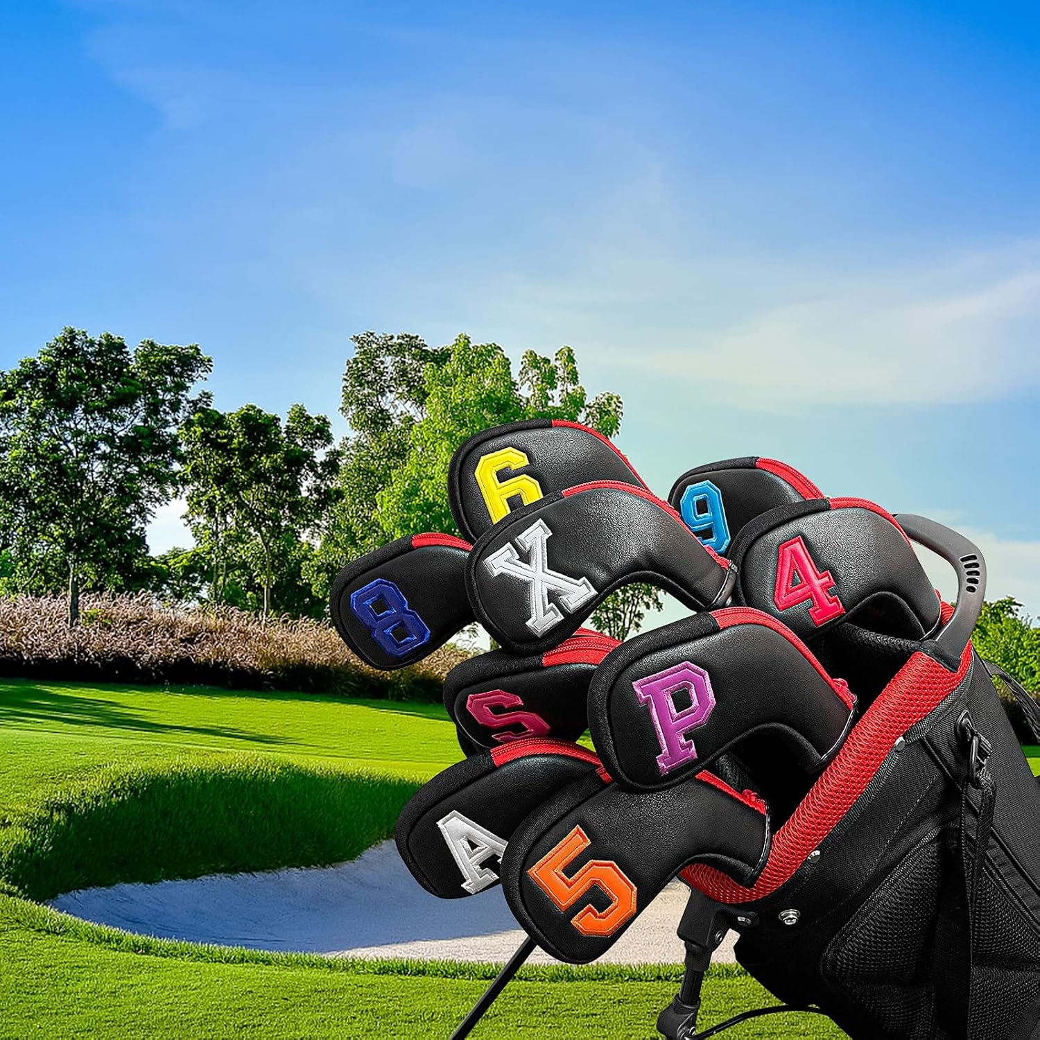wosofe Golf Head Covers for Iron Headcover with Zipper Black Leather 10pcs Set Colorful Number