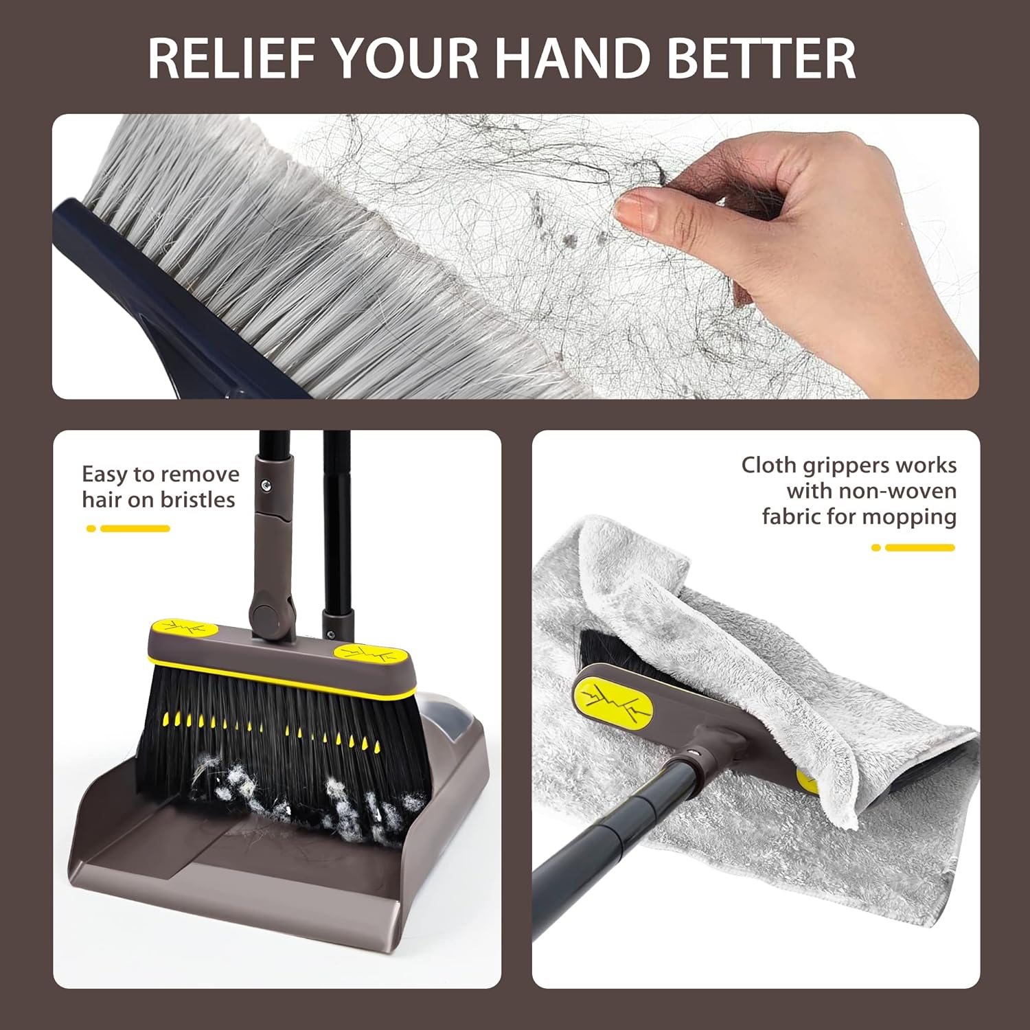 JEHONN Broom with Dustpan Combo Set, Long Handle Lightweight 180 Degree Rotating Sweeping Brush