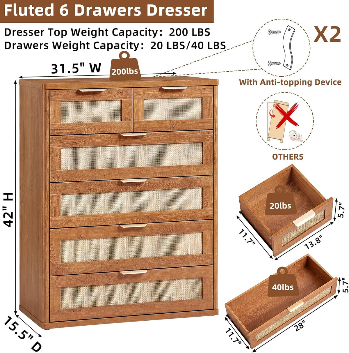 LEYAOYAO Rattan Dresser for Bedroom, 42" Tall Chest of Drawers, Modern 6 Drawers Boho Dressers with
