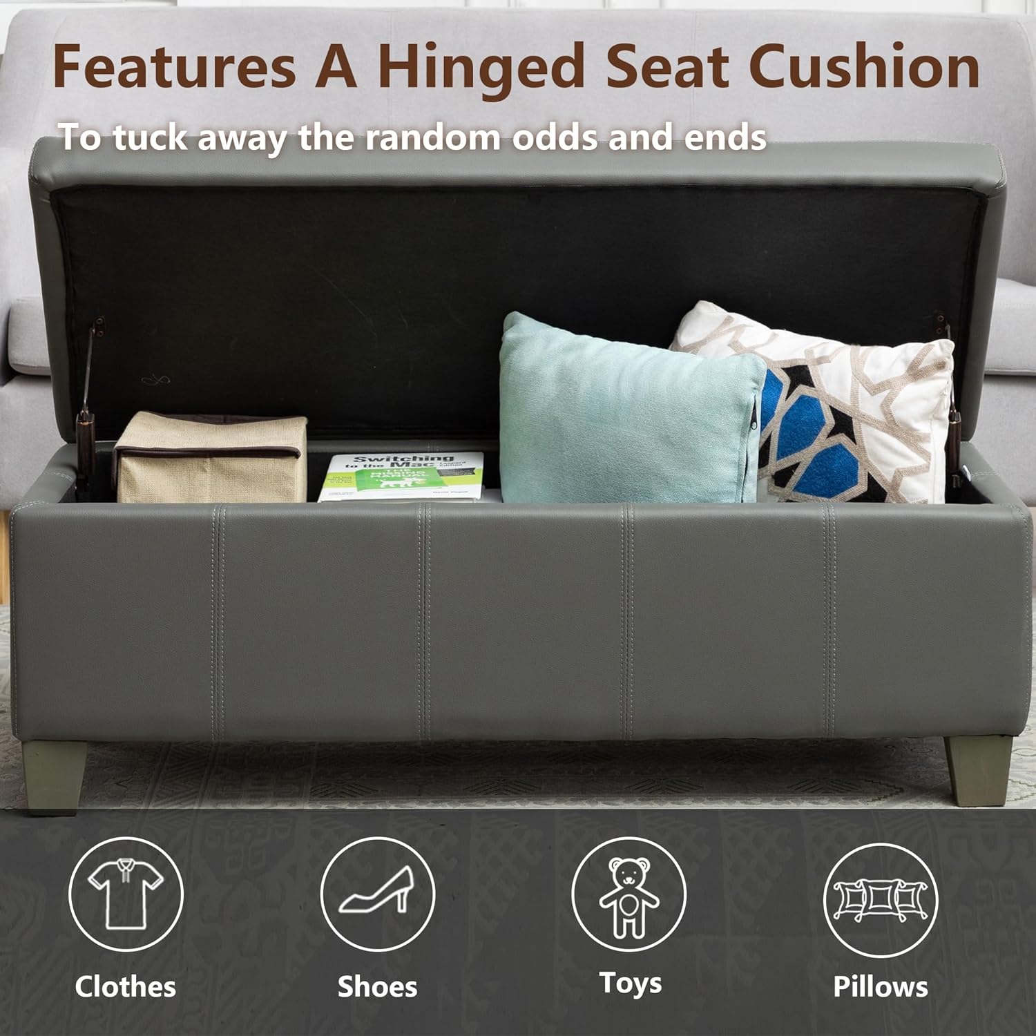 51 Inch Faux Leather Ottoman with Storage, End of Bed Bench with Large Storage, Rectangular Extra