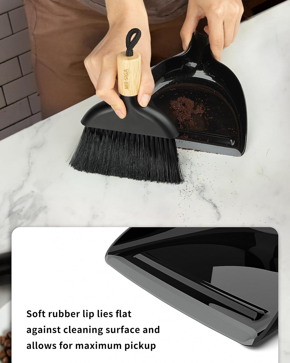 MR.SIGA Mini Dustpan and Brush Set, Portable Cleaning Brush and Dustpan Combo with Bamboo Handle