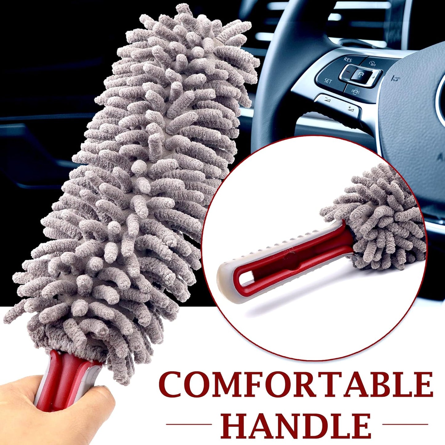 Car Duster Interior by TAKAVU, 360° Microfiber Fingers, Unbreakable Comfort Handle, Lint and