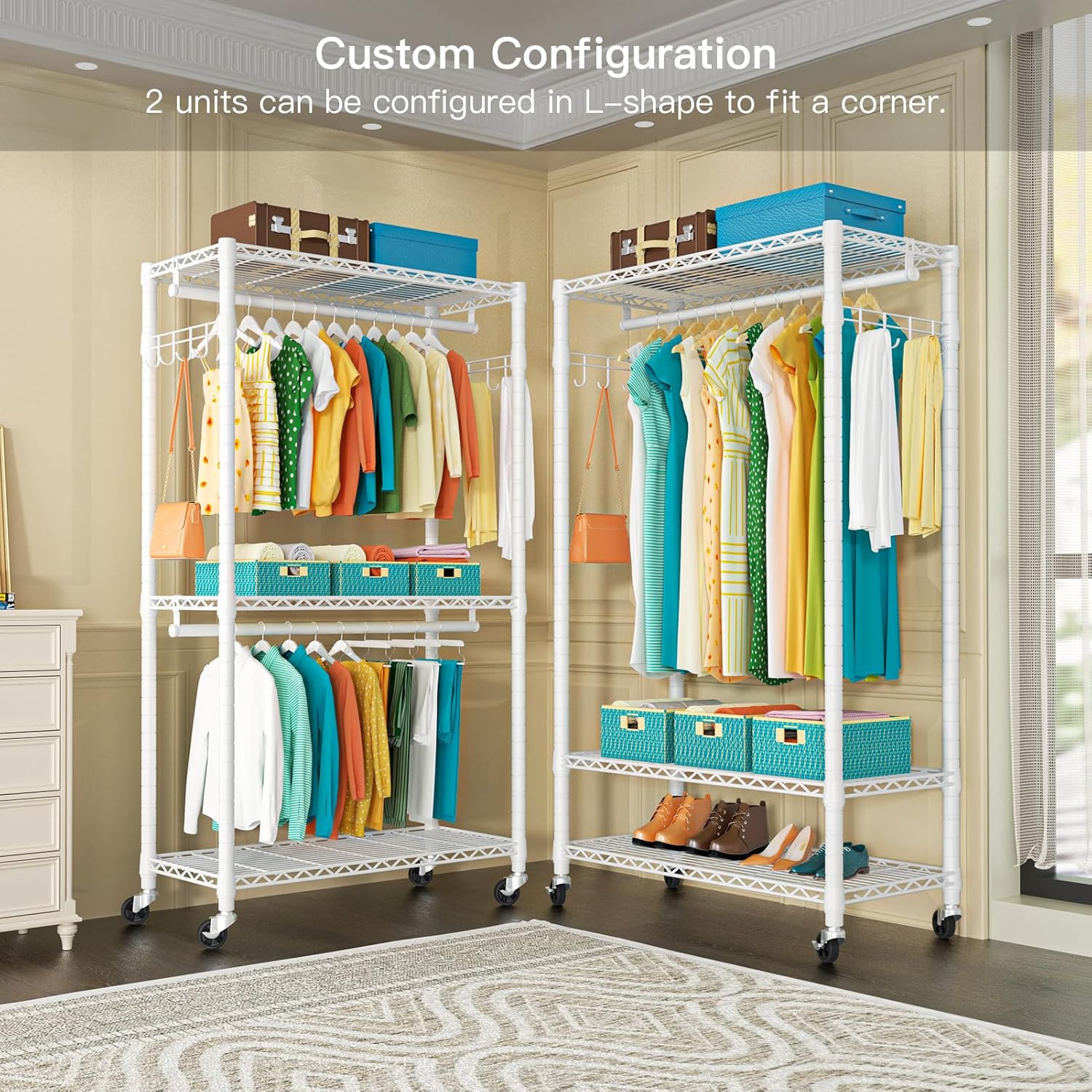 FUTASSI P1 Heavy Duty Garment Rack, 3 Tiers Adjustable Rolling Metal Closet Organizer with Lockable