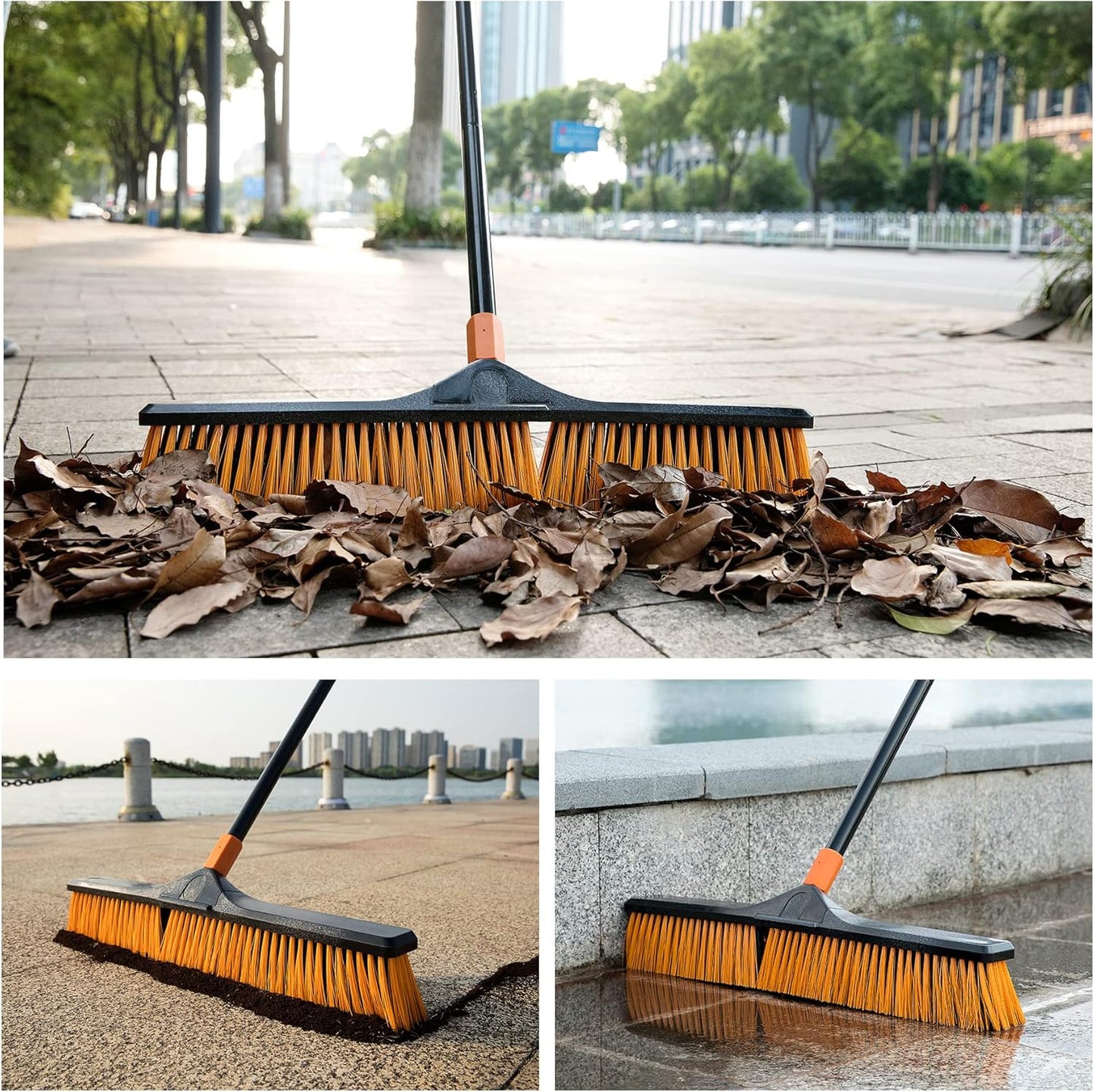 24”Push Broom Brush for Floor Cleaning with 65” Long Handle and Stiff Bristles, Heavy Duty Brush
