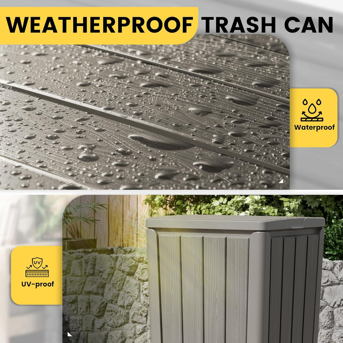 Outdoor Trash Can with Lid, Waterproof Resin Garbage Can with Tiered Lid, Outside Trash Bin for