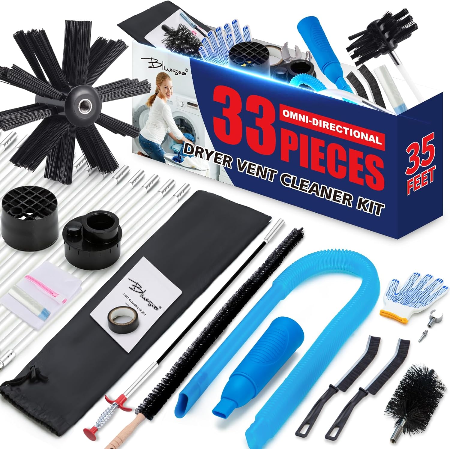 Dryer Vent Cleaner Kit, Bluesea 33-Piece Omnidirectional Dryer Cleaning Kit Include 35 Feet Dryer