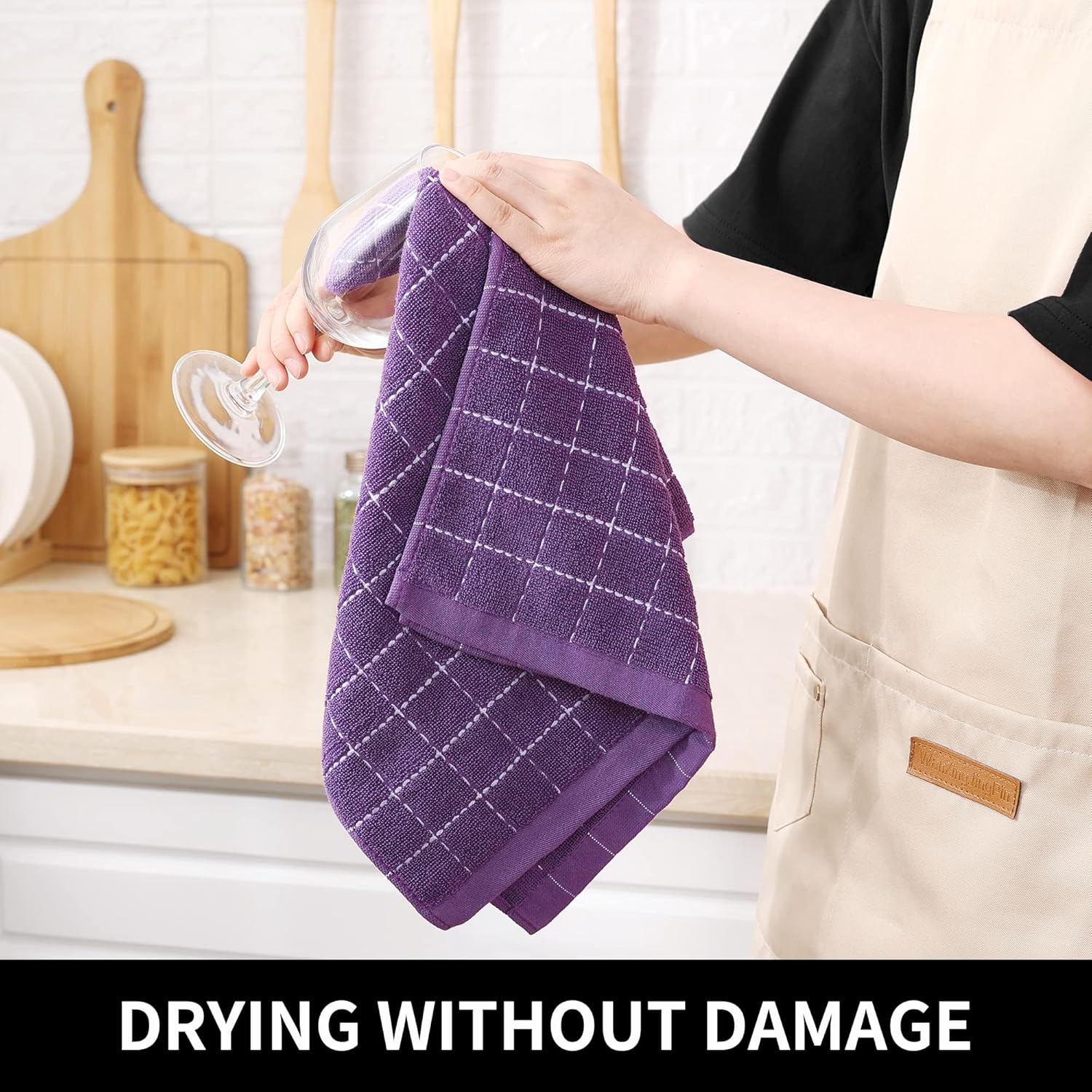 Homaxy 100% Cotton Terry Kitchen Towels(Purple, 13 x 28 inches), Checkered Designed, Soft and Super