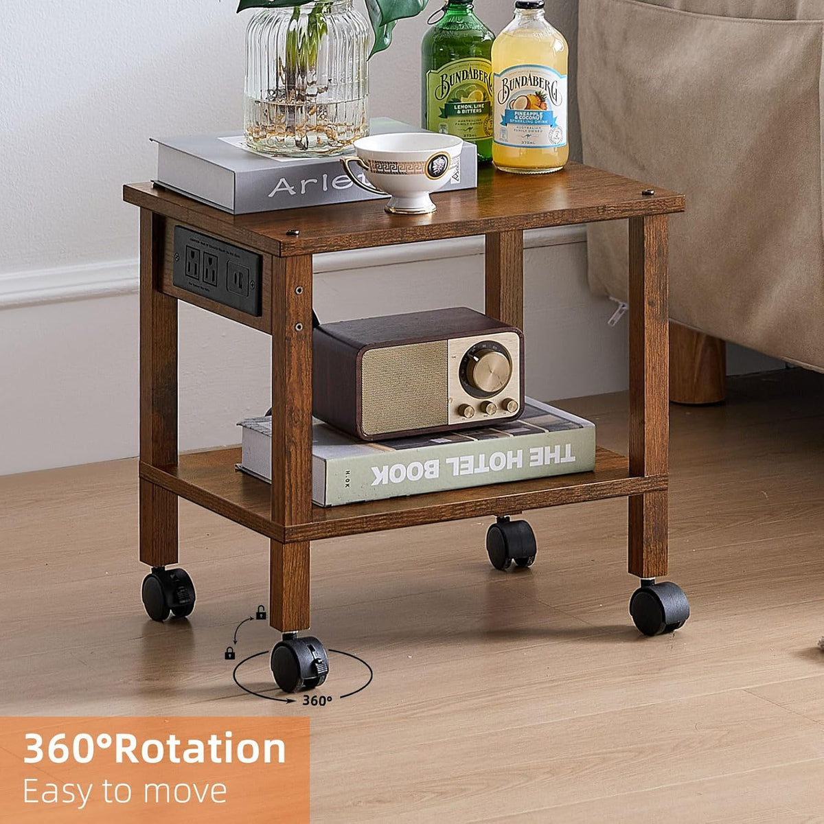 Lerliuo Under Desk Printer Stand with Charging Station, 2 Tier Wooden Small Printer Table with