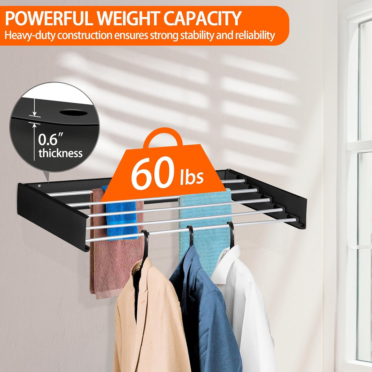 FOCHIER F Laundry Drying Rack Wall Mounted Clothes Drying Rack Collapsible with 5 Aluminum Rods and