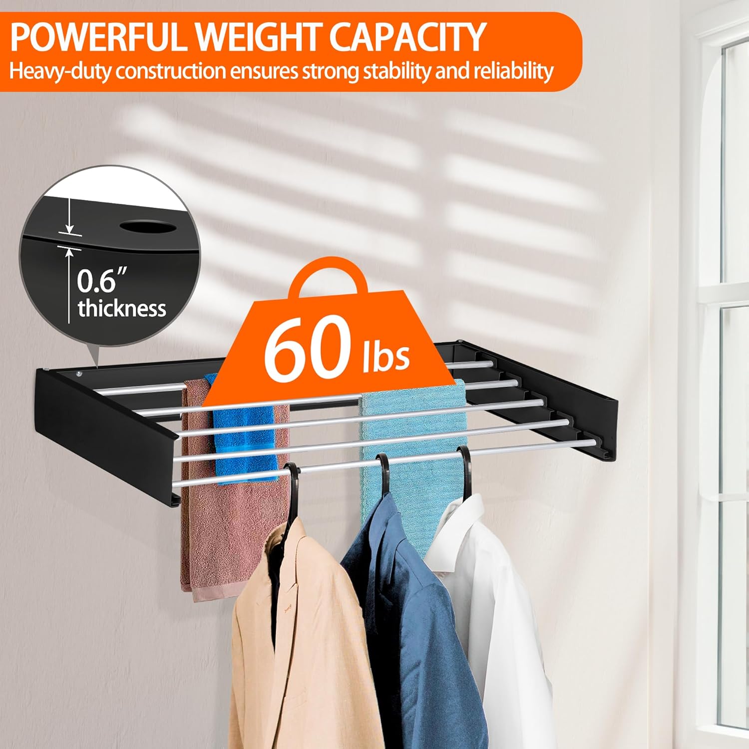 FOCHIER F Laundry Drying Rack Wall Mounted Clothes Drying Rack Collapsible with 5 Aluminum Rods and