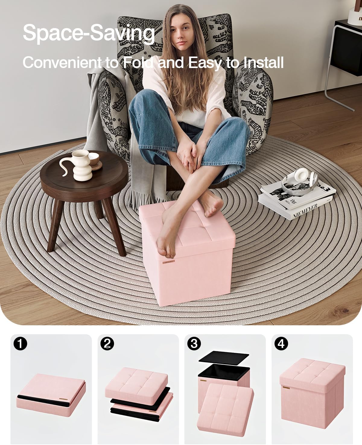 Folding Storage Ottoman, Velvet Storage Bench, Footrest, Footstool, for Living Room, Bedroom and