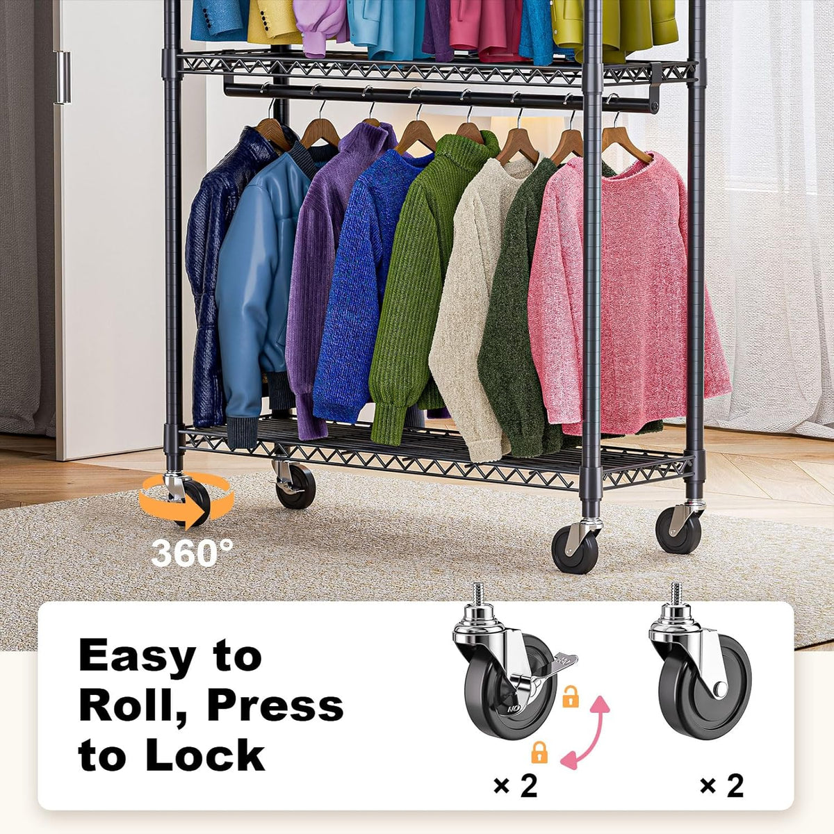 Heavy Duty Rolling Garment Rack 3 Tiers Adjustable Wire Shelving Clothes Rack with 2 Rods and Side
