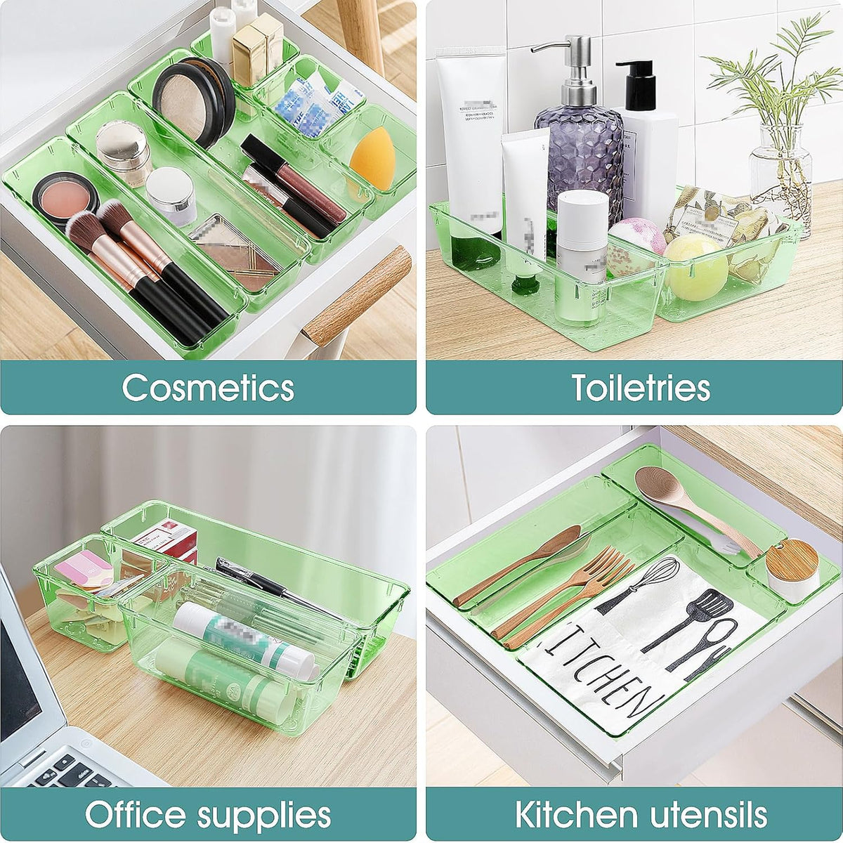 WOWBOX 25 PCS Plastic Drawer Organizer Set, 4 Sizes Desk Drawer Divider Organizers and Storage Bins