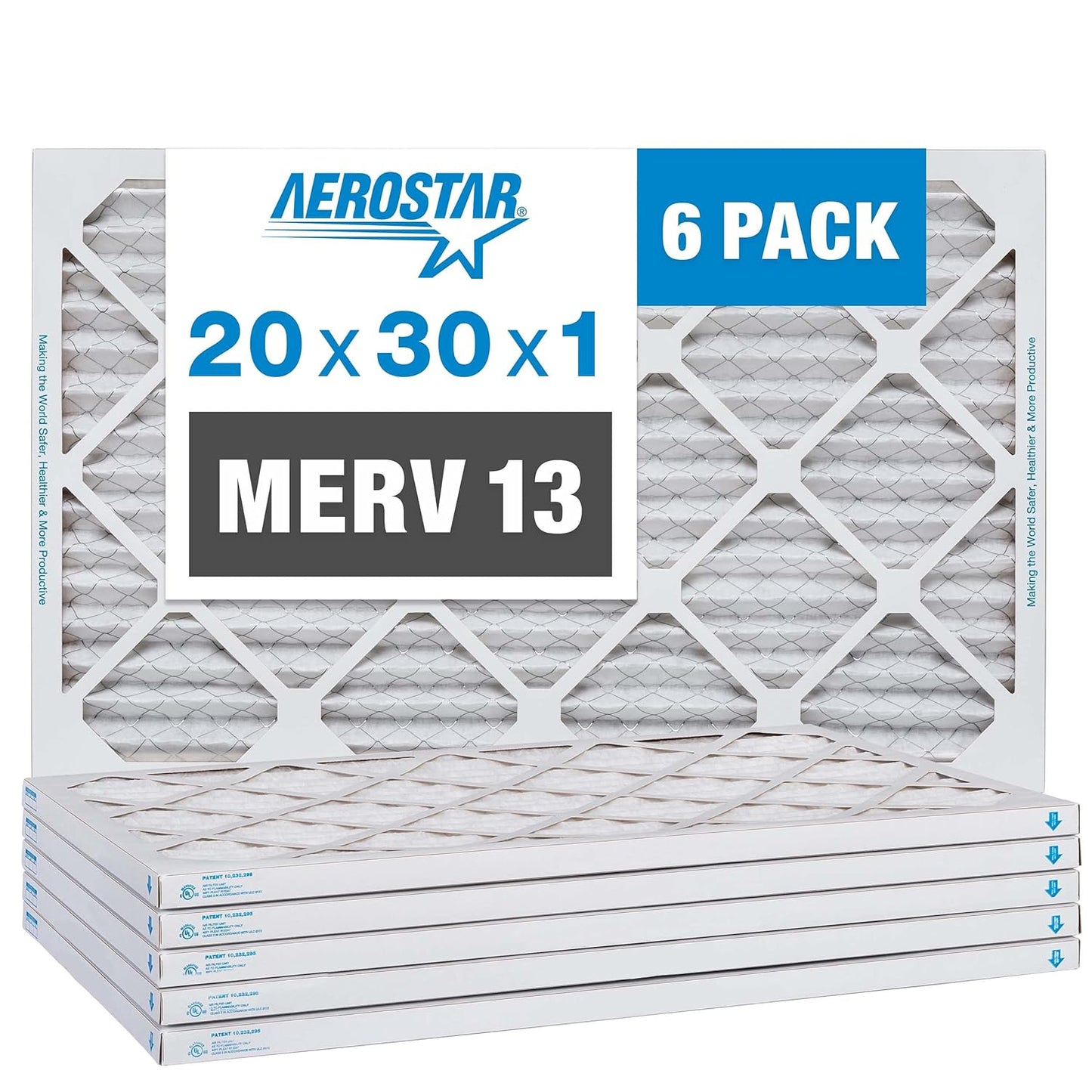 Aerostar 20x30x1 MERV 13 - 6 Count - Pleated HVAC, Furnace & Air Conditioner Filters - Removes