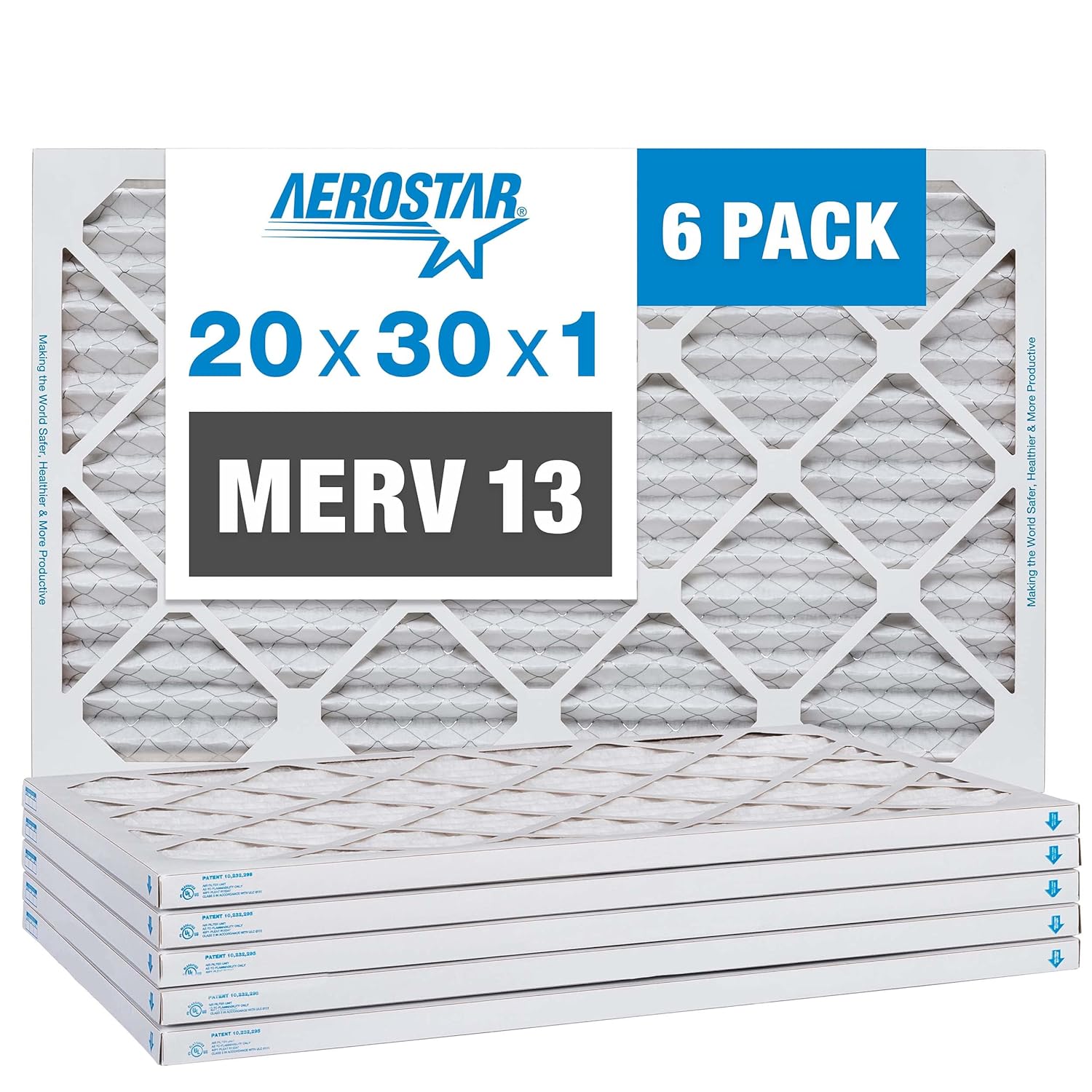 Aerostar 20x30x1 MERV 13 - 6 Count - Pleated HVAC, Furnace & Air Conditioner Filters - Removes