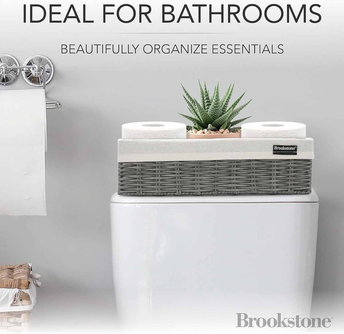 Brookstone Wicker Shelf Storage Basket Decorative Shelf Bin, bathroom organizers and storage, Boho