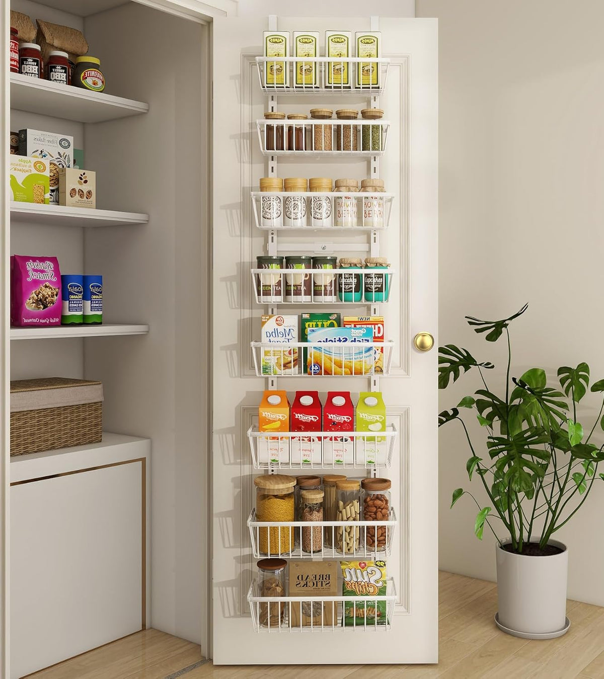 White 12 Inch Wide Narrow Over The Door Pantry Organizer, Pantry Organization and Storage, 8-Tier
