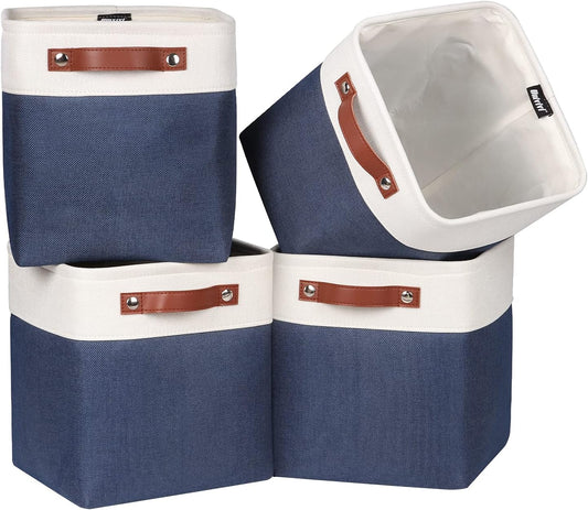 Univivi Fabric Cube Bins Set of 4 Storage Baskets with PU Handles for Home Closet Foldable Storage