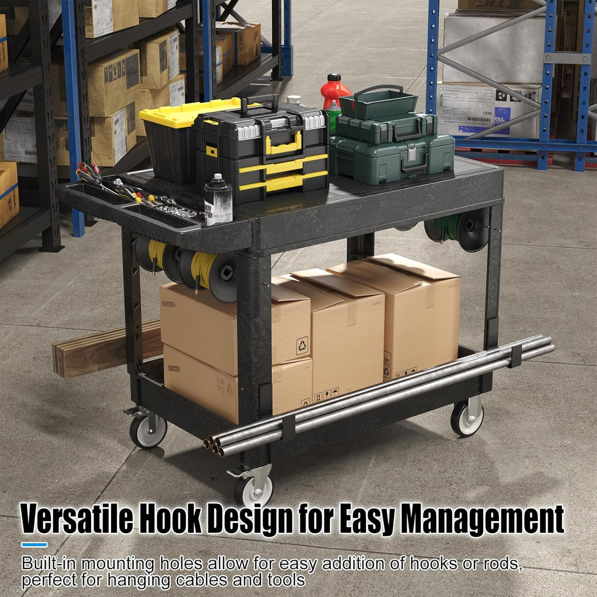 Large Garage Flat Top Utility Cart, Heavy Duty 2 Shelf Tool Cart Service Cart Rolling Push Carts