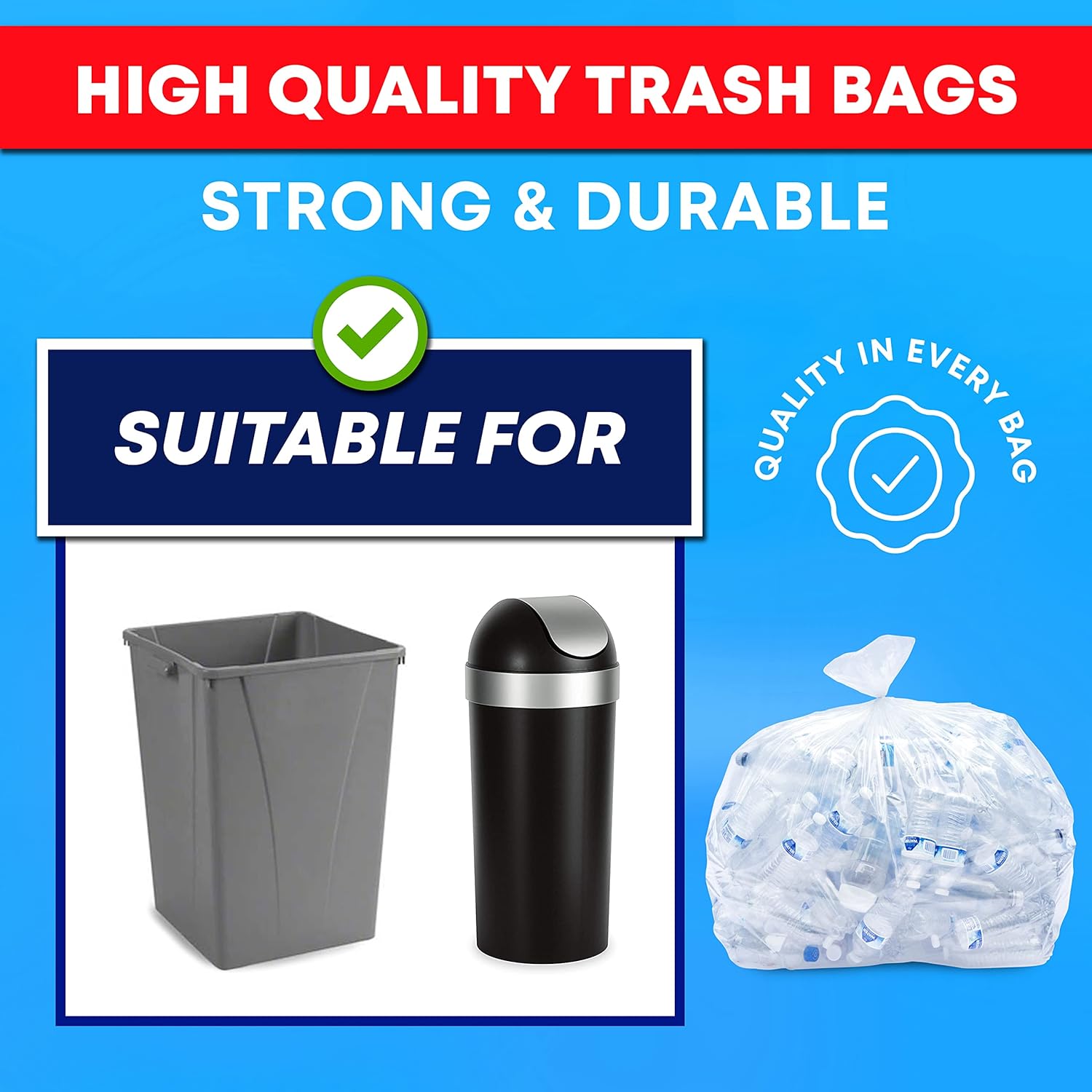Tasker 30-33 Gallon Trash Bags Heavy Duty (Value 100/Bags w/Ties) Clear Large Plastic Recycling