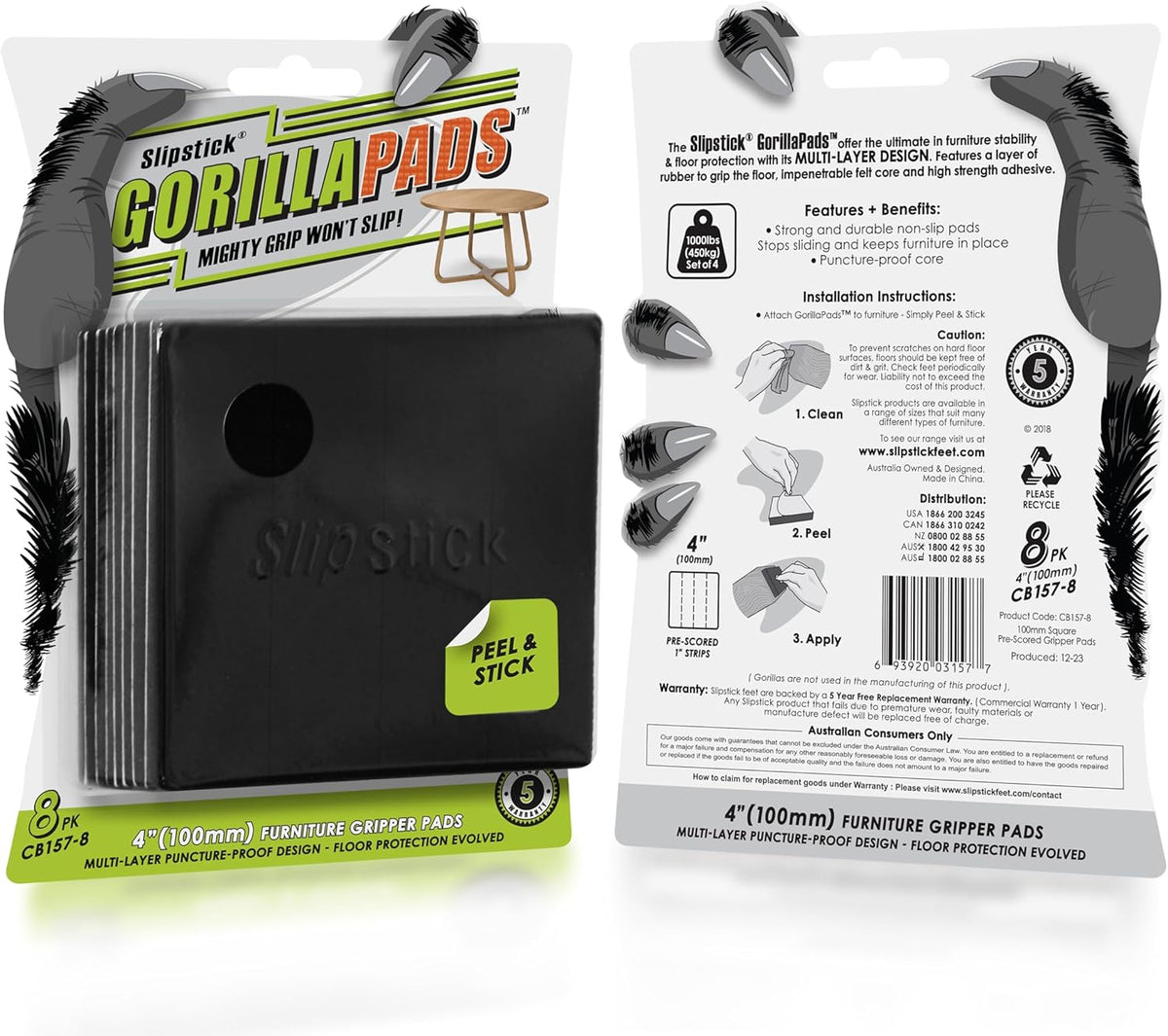Slipstick GorillaPads Non Slip Furniture Pads/Gripper Feet Floor Protectors (Set of 8) Premium 4