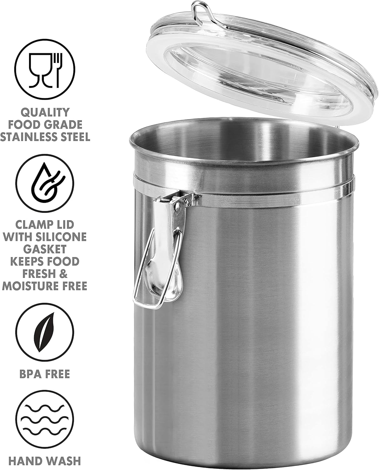 OGGI Stainless Steel Kitchen Canister 52 fl oz - Airtight Clamp Lid, Clear See-Thru Top - Ideal for