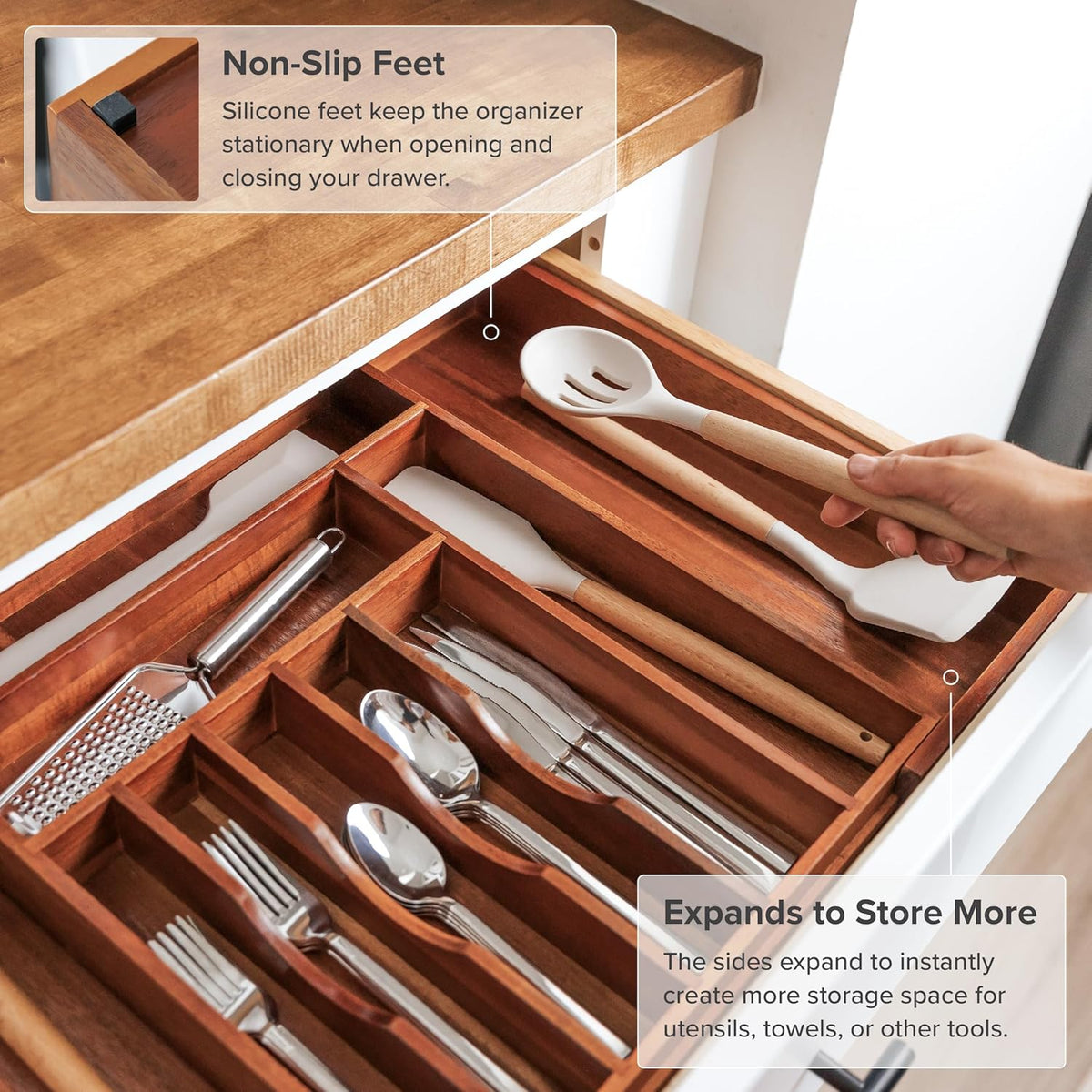 KitchenEdge Premium Silverware, Flatware and Utensil Organizer for Kitchen Drawers, Expandable 14.5