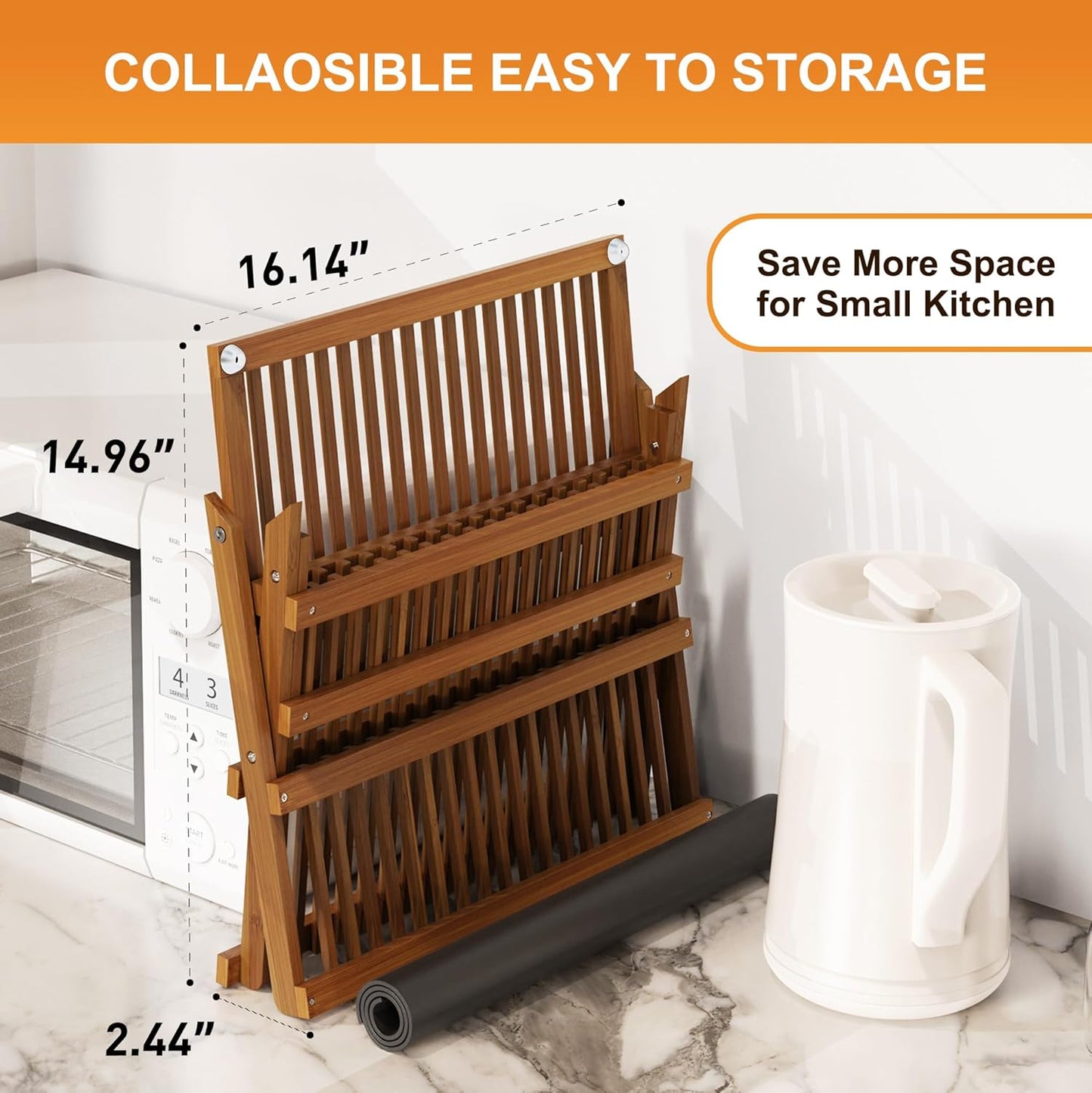 Greenual Teak Dish Drying Rack with Utensil Holder, 3 Tier Collapsible Dish Rack, Wooden Dish Racks