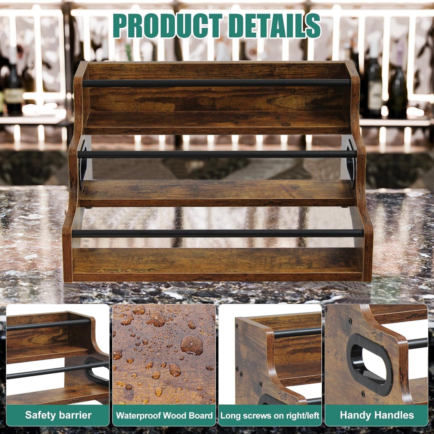 AT-VALY 3-Tier Spice Rack, Iron&MDF Kitchen Storage Shelf, Space-Saving Countertop Organizer for